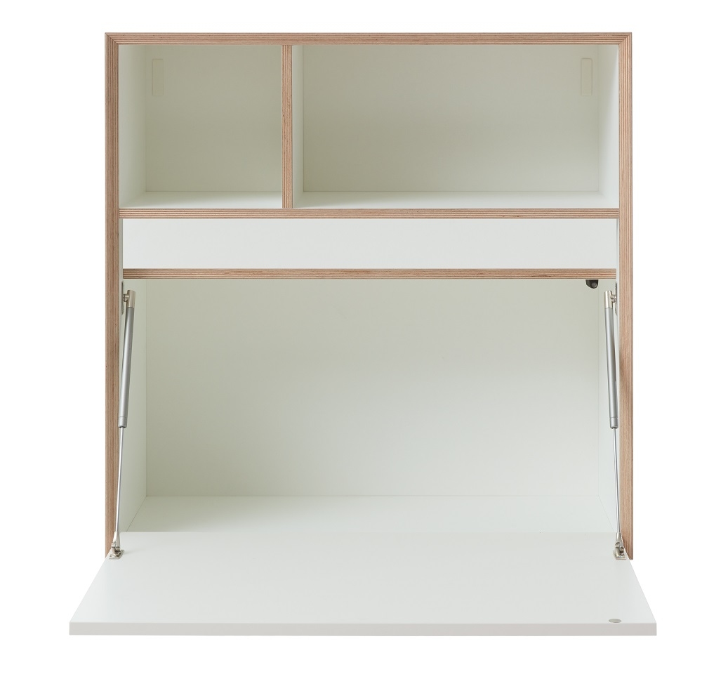 Vertiko Ply Five Wandsekretär von Müller Möbelwerkstätten, weißes Regal mit zwei Fächern und geöffneter Schreibklappe.