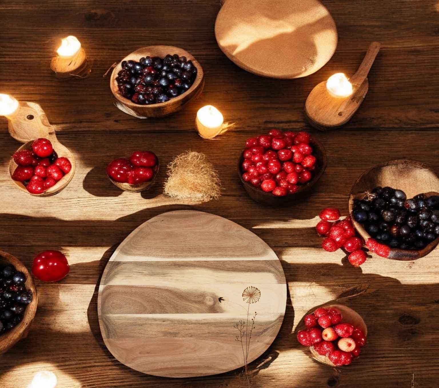 Wunderland Flora & Fauna Holztablett: Dekoratives Serviertablett aus Holz mit Pusteblumen-Motiv, umgeben von Beeren und Kerzen.
