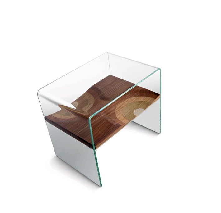 Bifronte Beistelltisch: Moderner Nachttisch aus Glas und Holz für Wohnzimmer und Schlafzimmer.