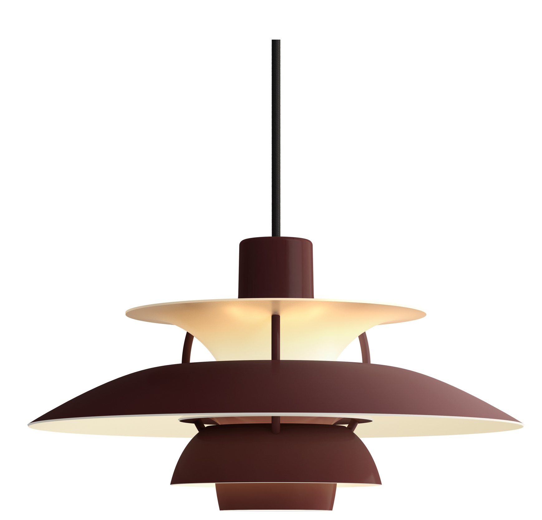 Burgunderrote PH 5 Mini Pendelleuchte von Louis Poulsen, modernes Design für Wohnraumbeleuchtung.