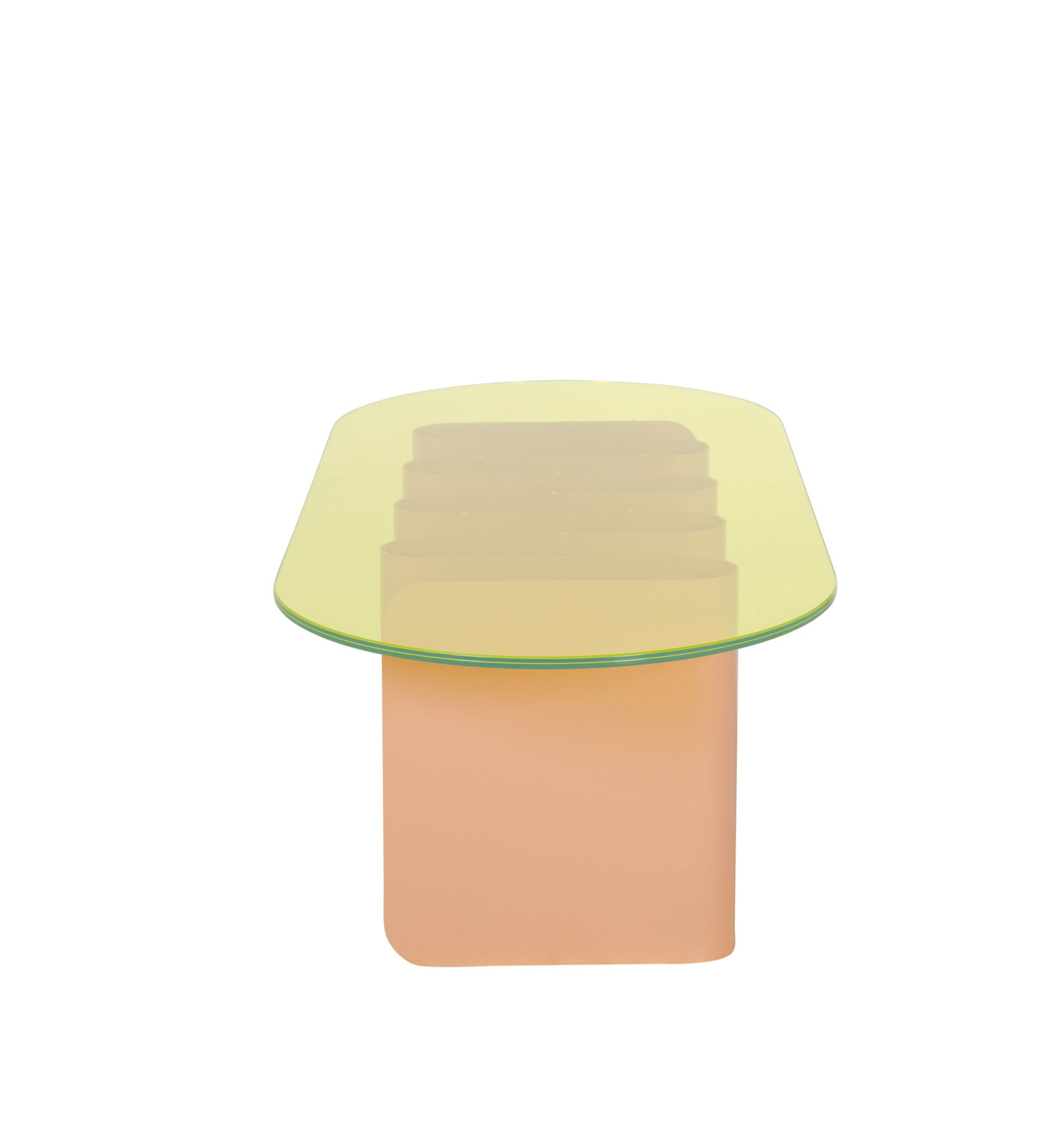 Tavolino2 Beistelltisch Pulpo mit gelber Glasplatte und pfirsichfarbenem Sockel, moderne Möbel für Wohnzimmer.