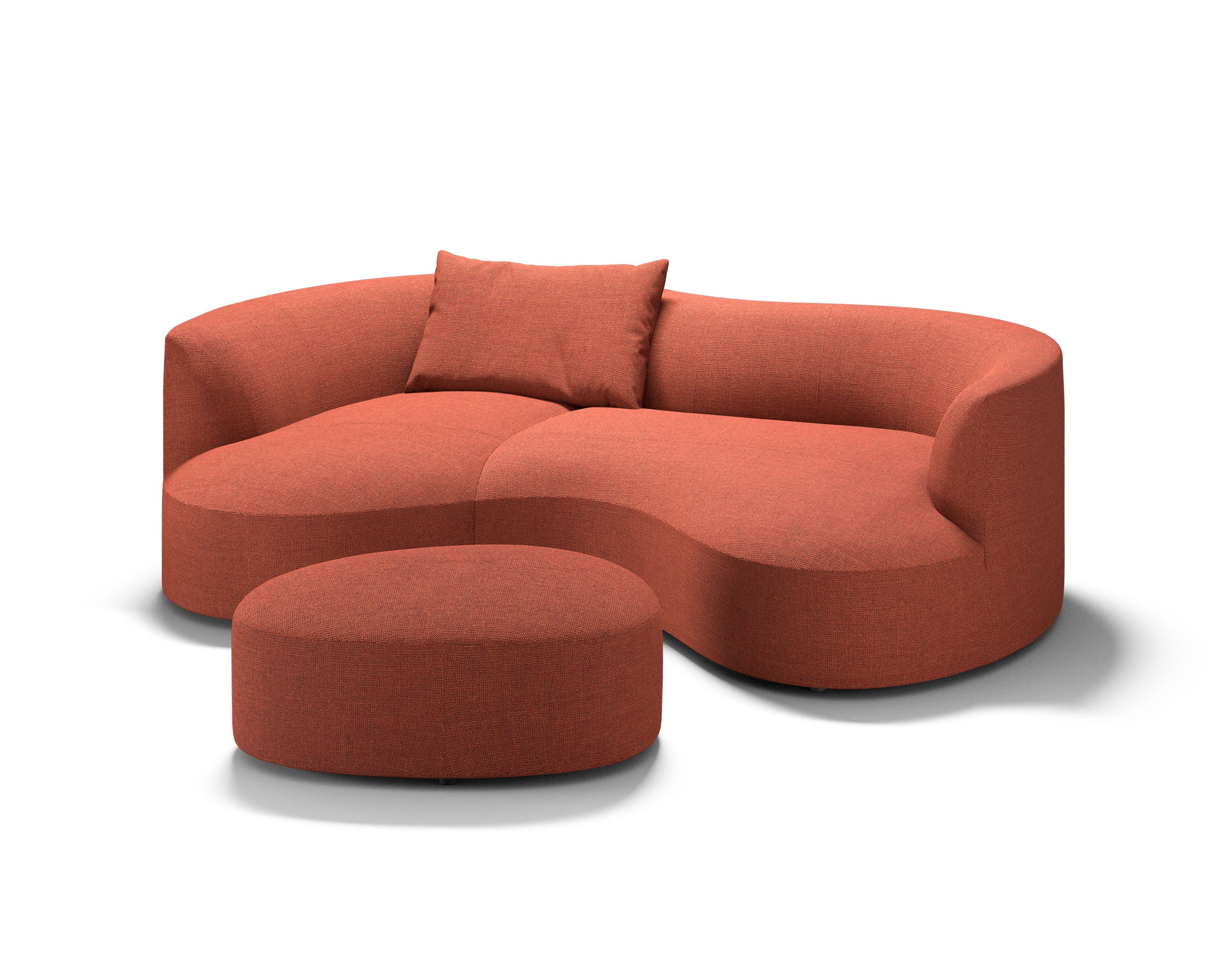 Siwa Hocker Cor in Terrakotta mit passendem Sofa und Kissen, moderne Wohnzimmermöbel.
