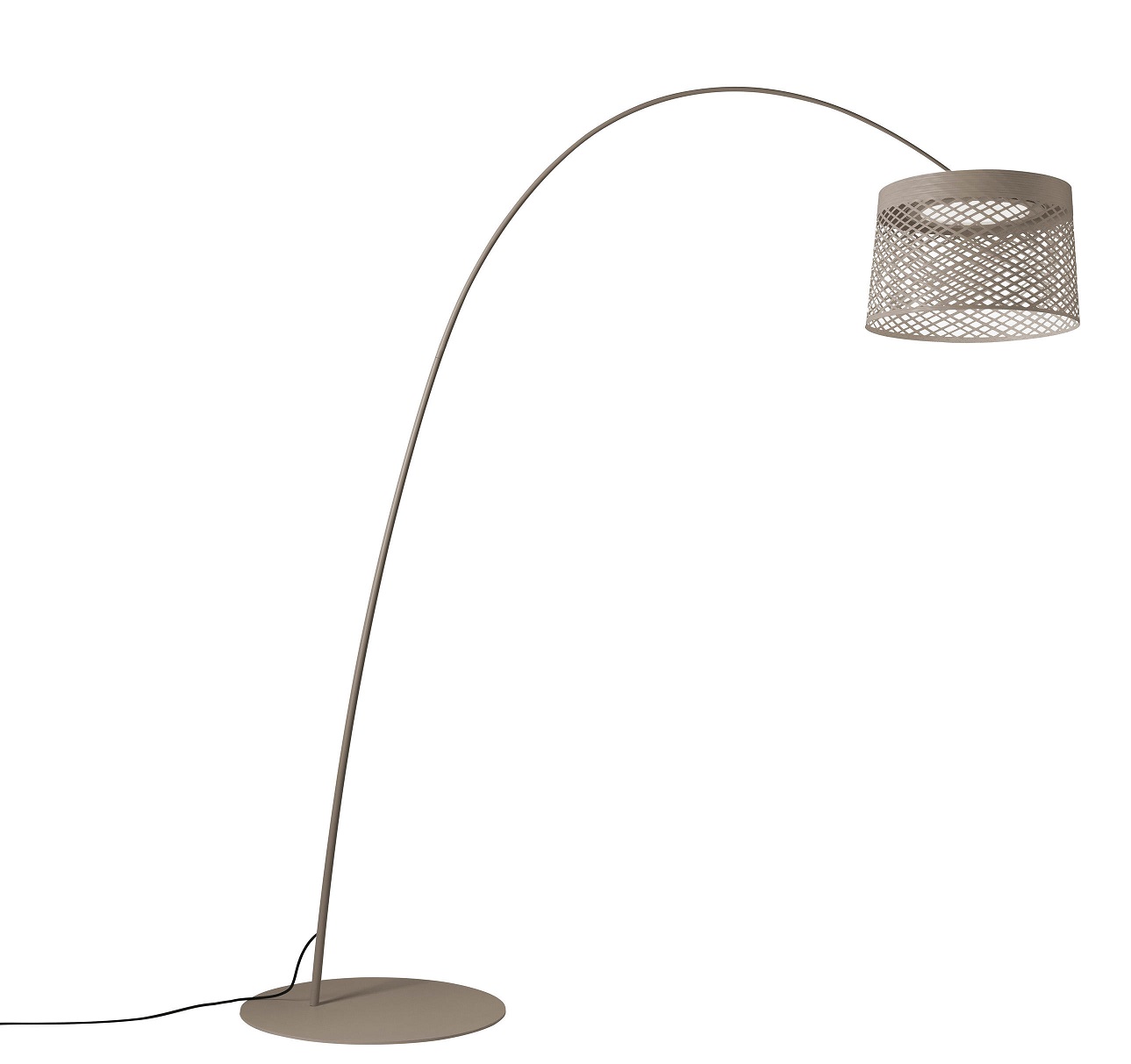 Twiggy Grid Stehleuchte von Foscarini in Greige: Moderne Bogenlampe mit filigranem Lampenschirm für stilvolle Beleuchtung.