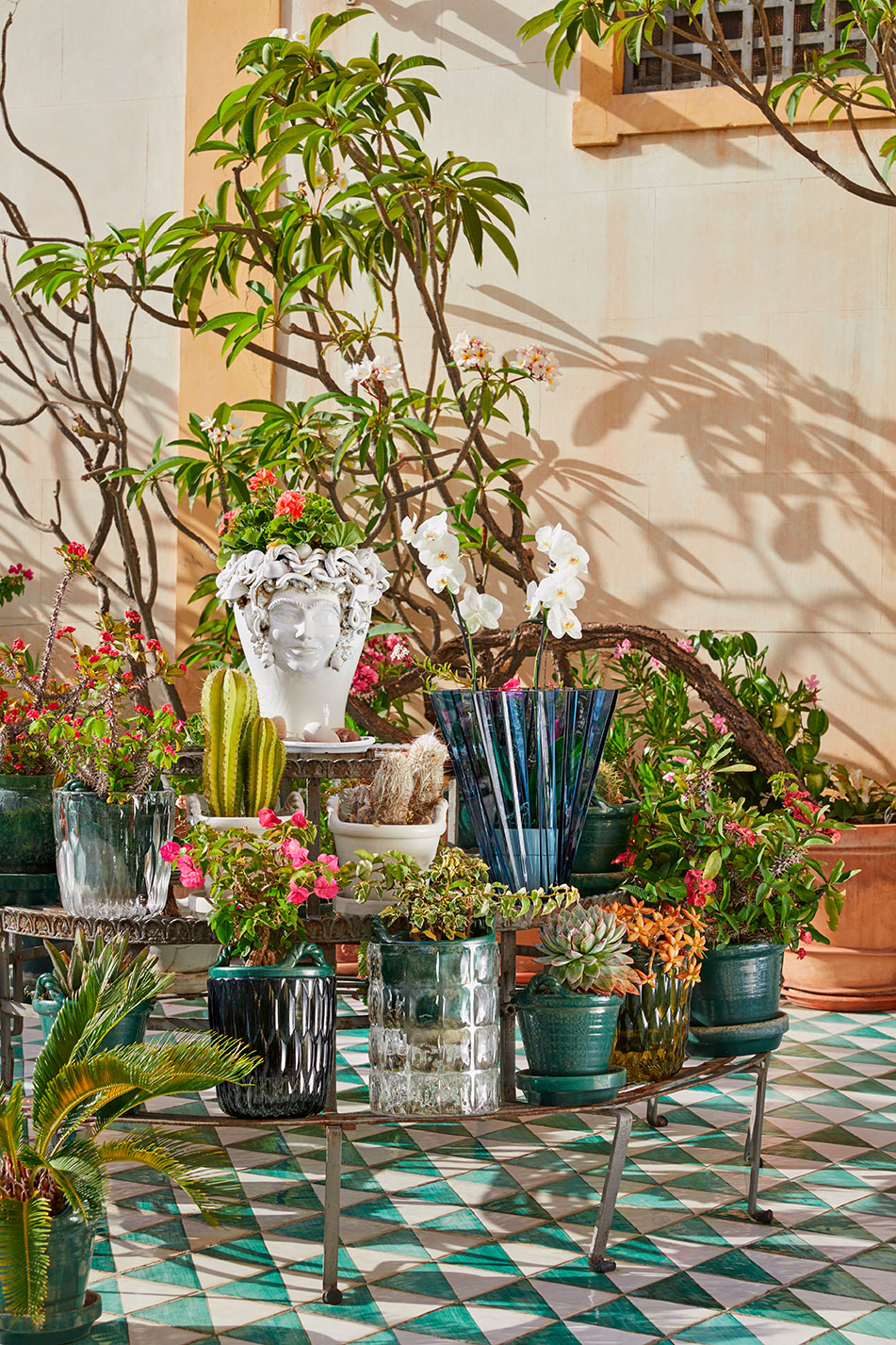 Detailaufnahme verschiedener Pflanzen in Töpfen und der blauen Shanghai Vase von Kartell auf einem Metalltisch.