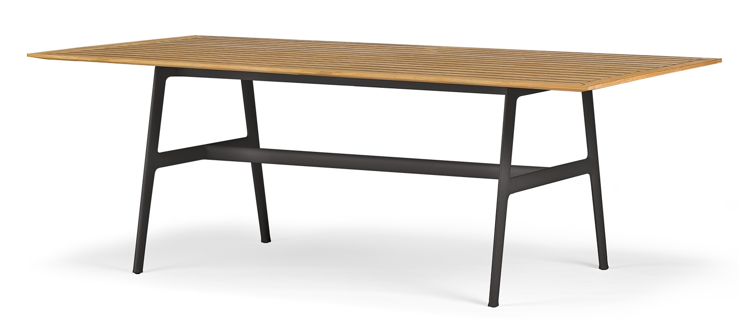 SeaX Esstisch von Dedon: Moderner Gartentisch mit Teakholzplatte und schwarzem Gestell für den Außenbereich.