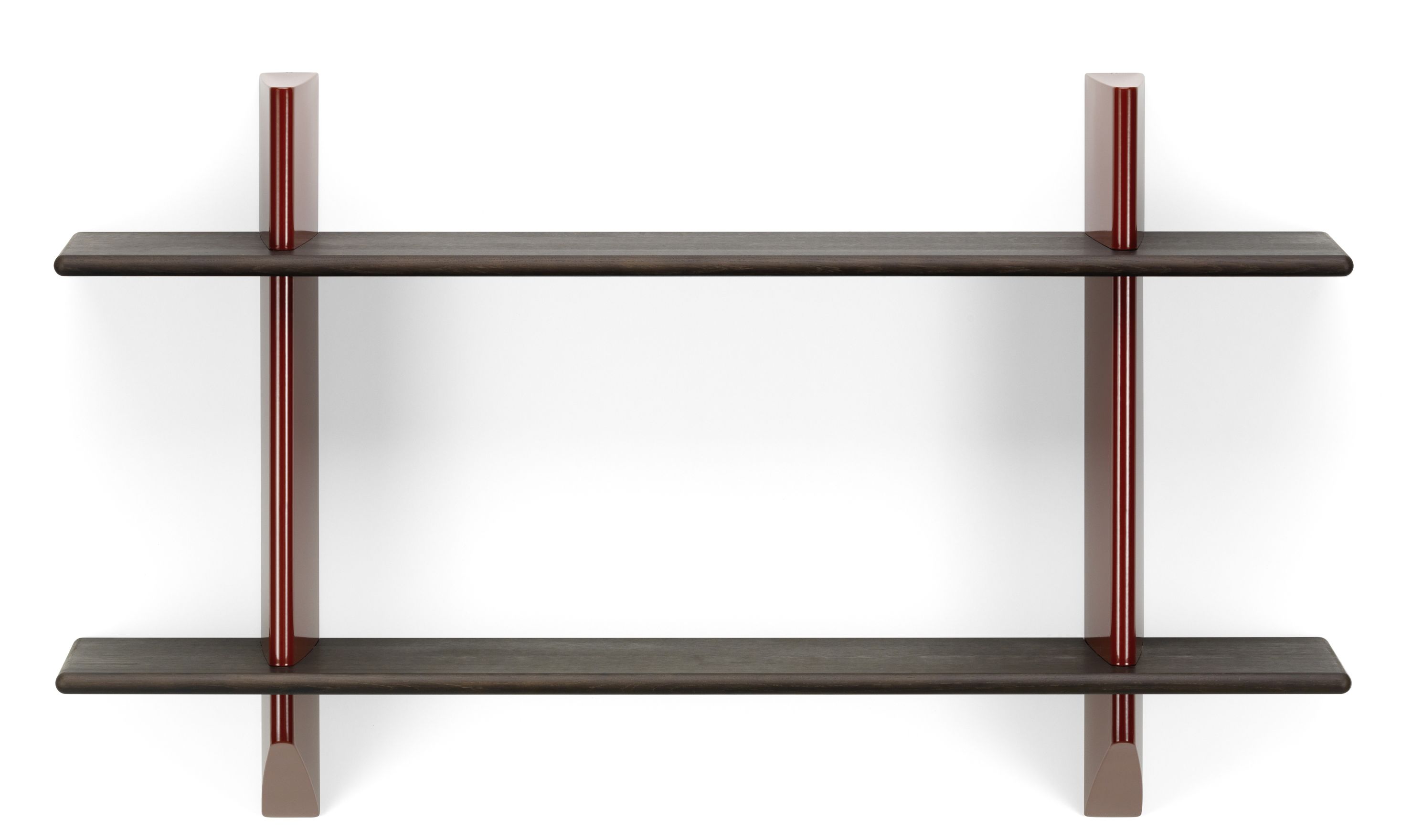 Wandregal aus dunkler Eiche mit japanisch roter Halterung, modernes Design für Wohnzimmer und Büro.