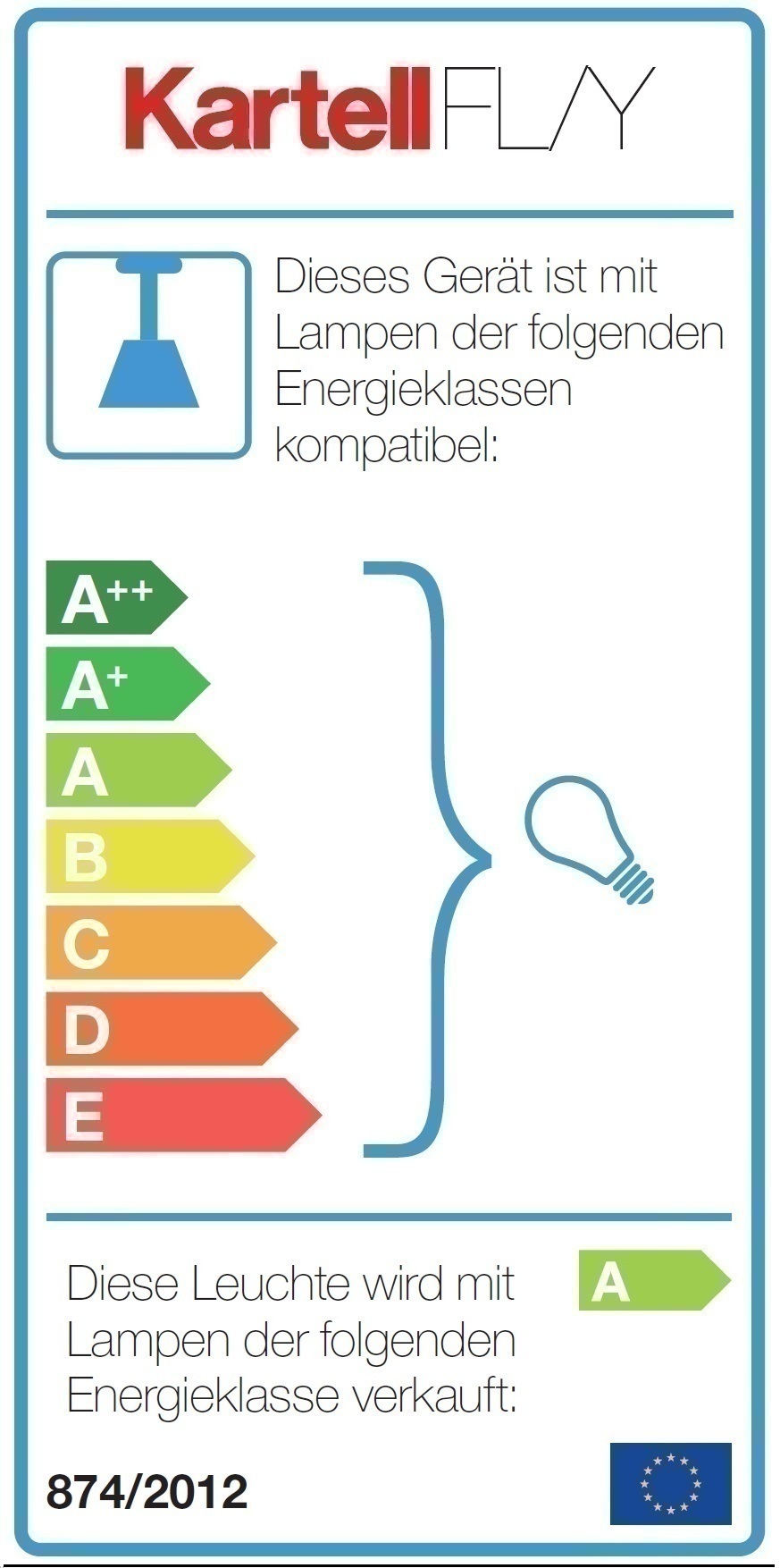 Energieeffizienzlabel für Kartell Fly Pendelleuchte, kompatible Lampen von A++ bis E.