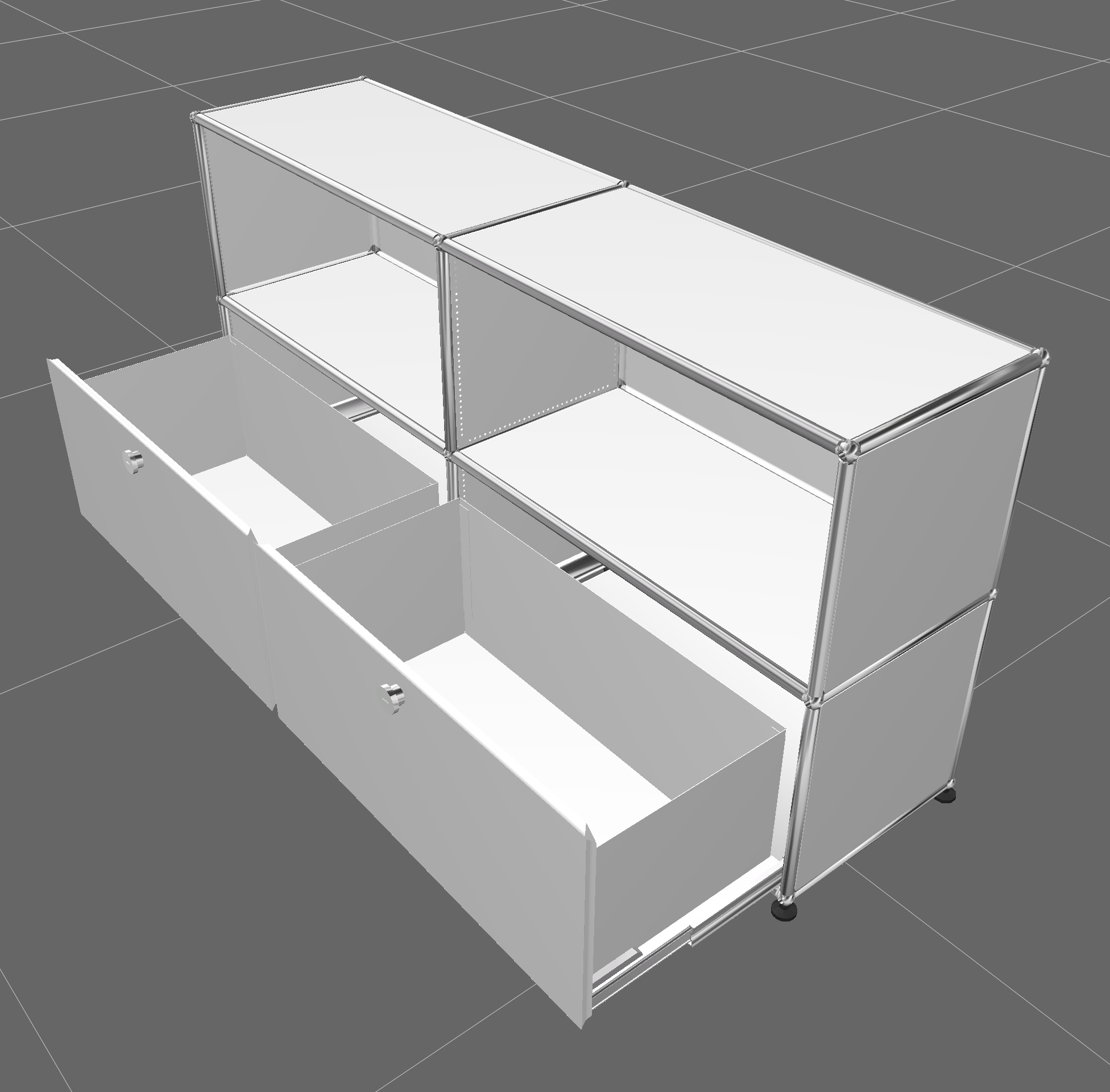 USM Haller Sideboard in Reinweiß mit zwei offenen Schubladen, modernes Designmöbel für Wohnzimmer und Büro.