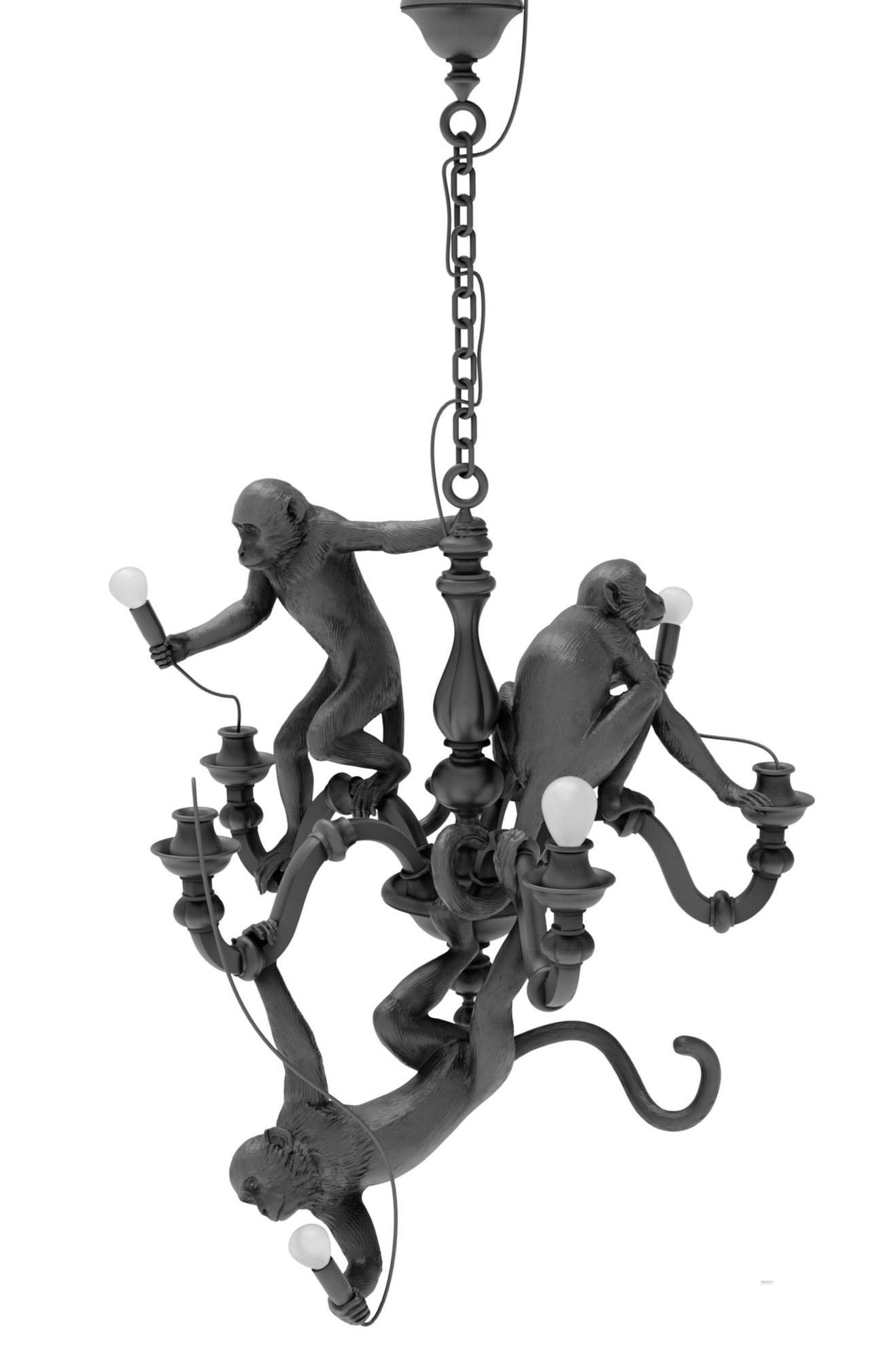Schwarze Monkey Lampe von Seletti: Hängende Affen halten Glühbirnen an einer kunstvollen Pendelleuchte.