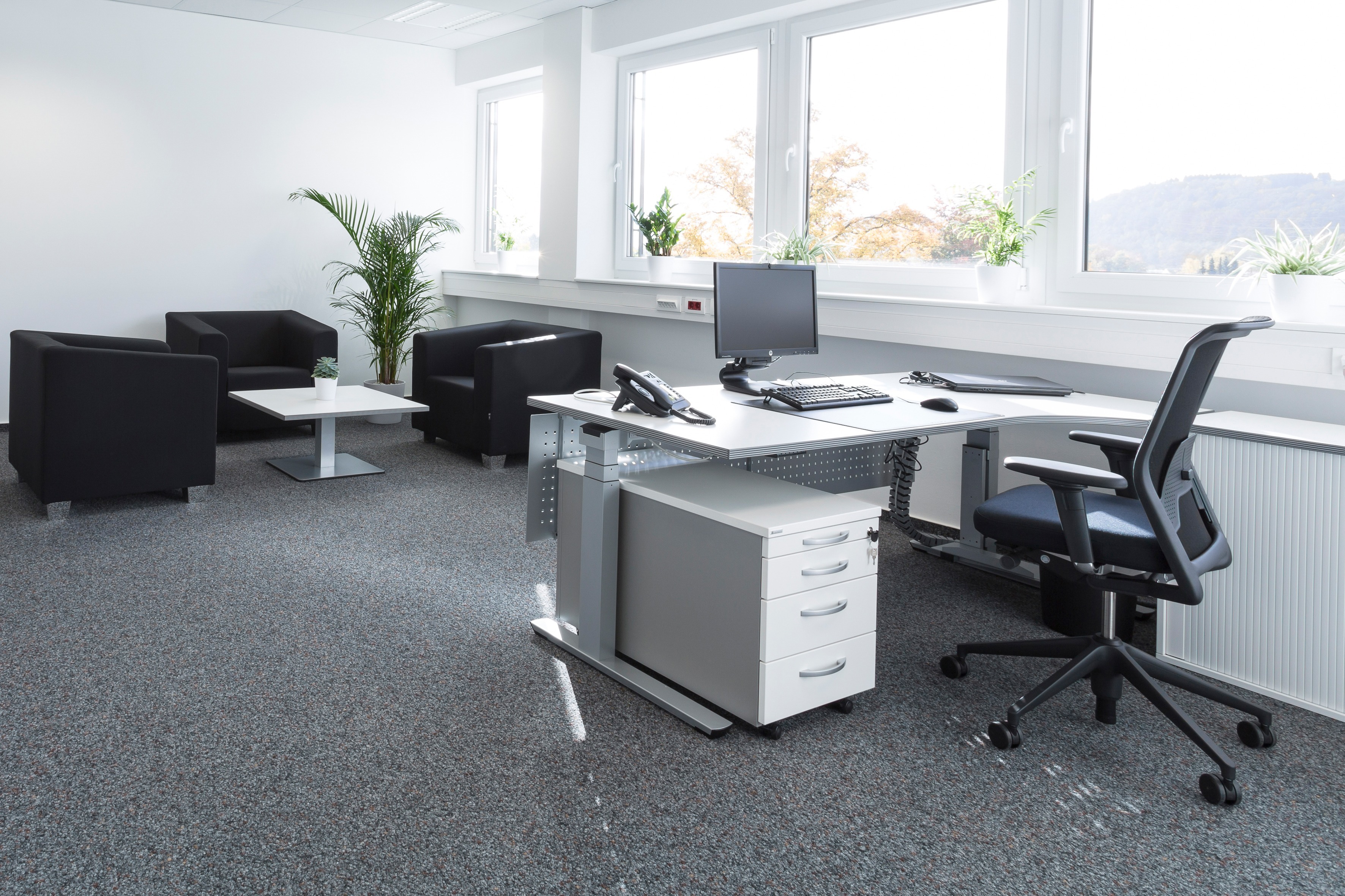 Orga Plus Mobilcontainer von Palmberg unter Schreibtisch im modernen Büro mit Büromöbeln.