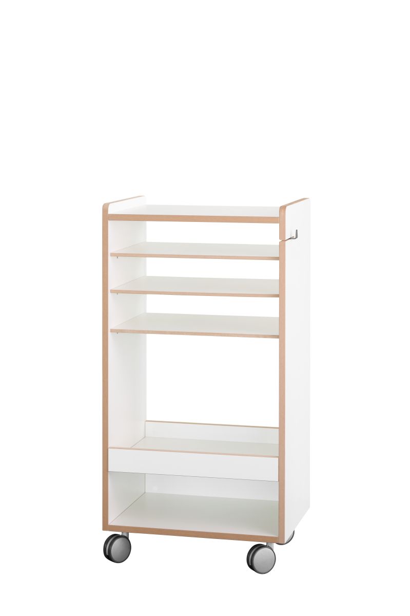 Tojo-fahrbar Rollwagen: Weißer, fahrbarer Küchenwagen mit mehreren Regalböden und Rollen für flexible Aufbewahrung.