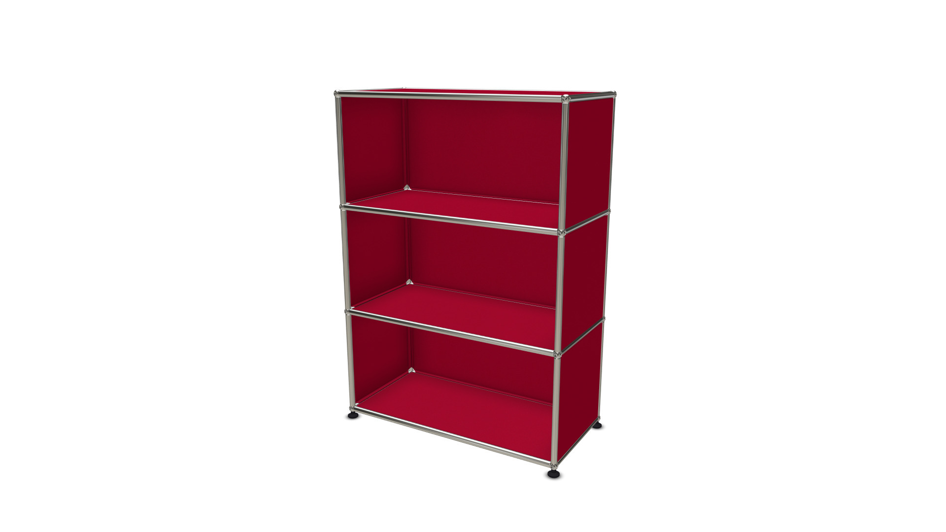 Rotes USM Haller Highboard mit drei offenen Fächern und verchromtem Gestell.