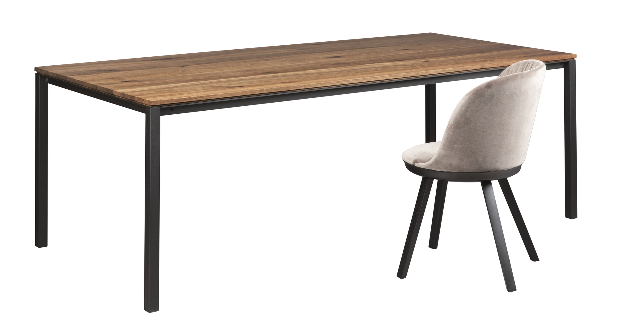 S 600 Tisch von Janua mit geräucherter Eichenplatte und schwarzem Metallgestell neben einem Stuhl.