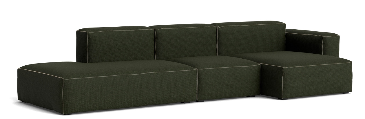 Mags Soft Sofa 3-Sitzer Combination 4 Low Armrest Armlehne rechts Hay Stoff Maglia Dunkelgrün mit Beige Naht