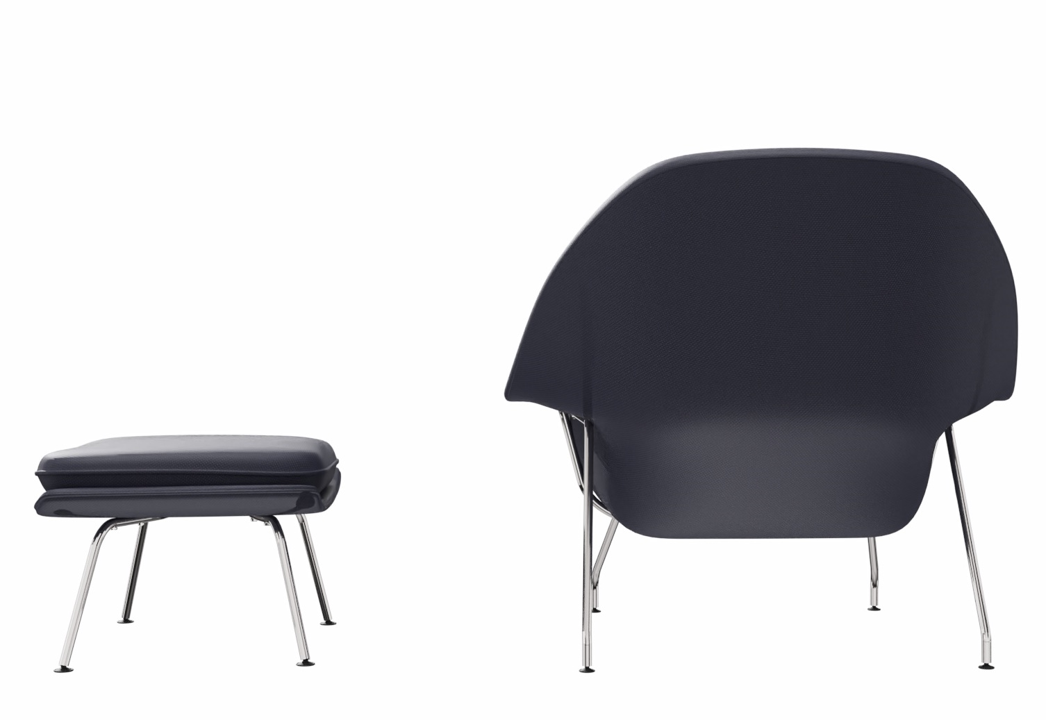 Dunkelgrauer Womb Sessel mit Hocker von Knoll International, Rückansicht, Chromgestell. Designklassiker für Wohnzimmer und Lounge.