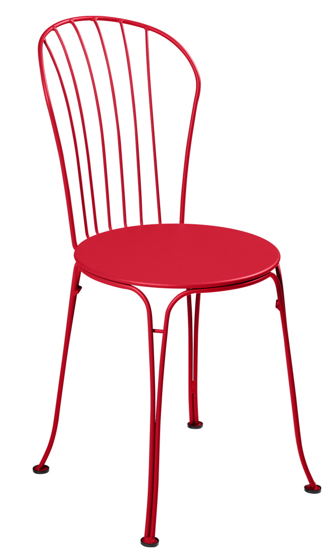 Roter Fermob Opéra Stuhl für den Außenbereich, Metallstuhl mit runder Sitzfläche.
