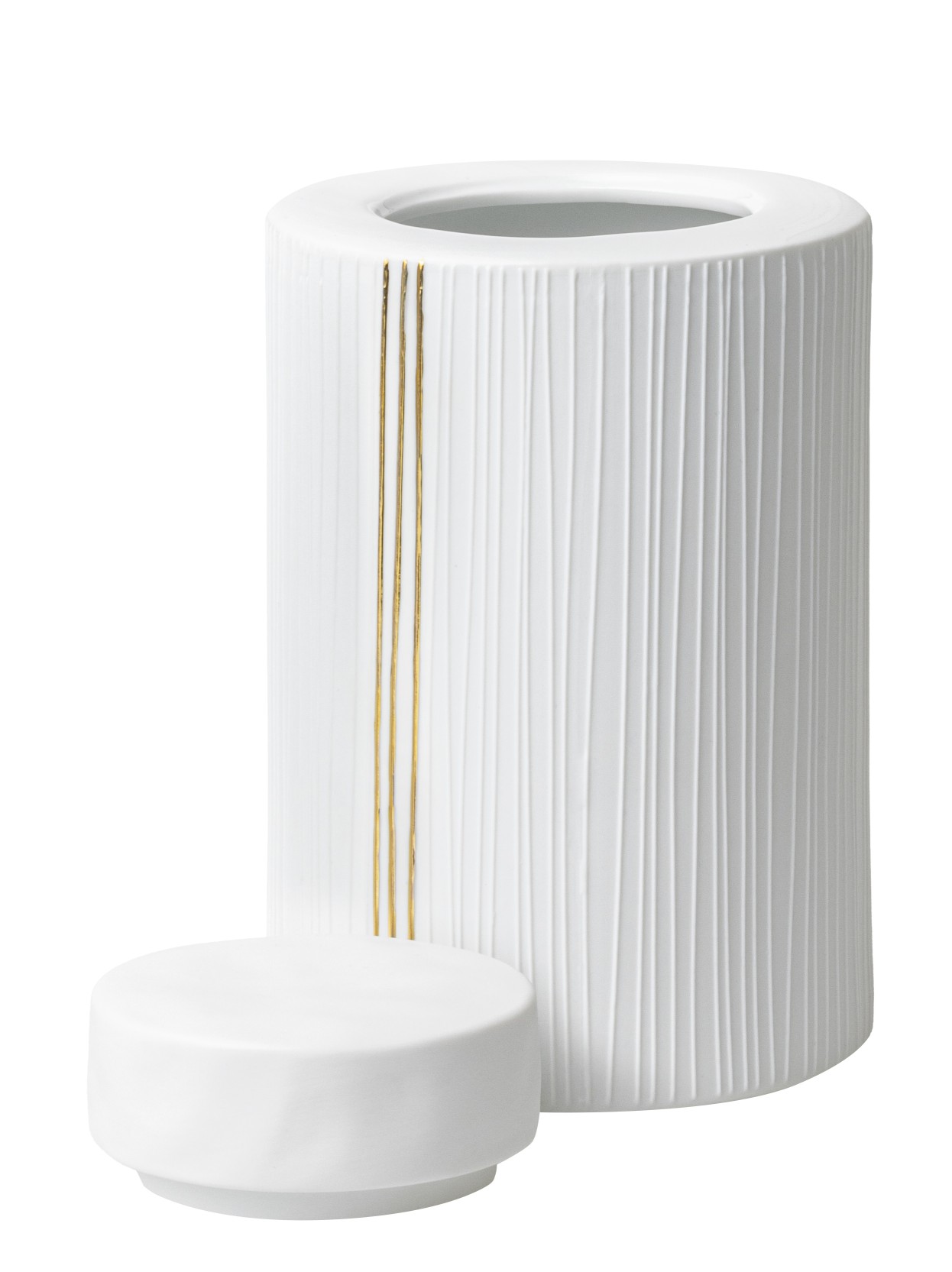 Weiße Porzellandose mit Streifen und Deckel, Räder Design, zur Aufbewahrung und Dekoration.