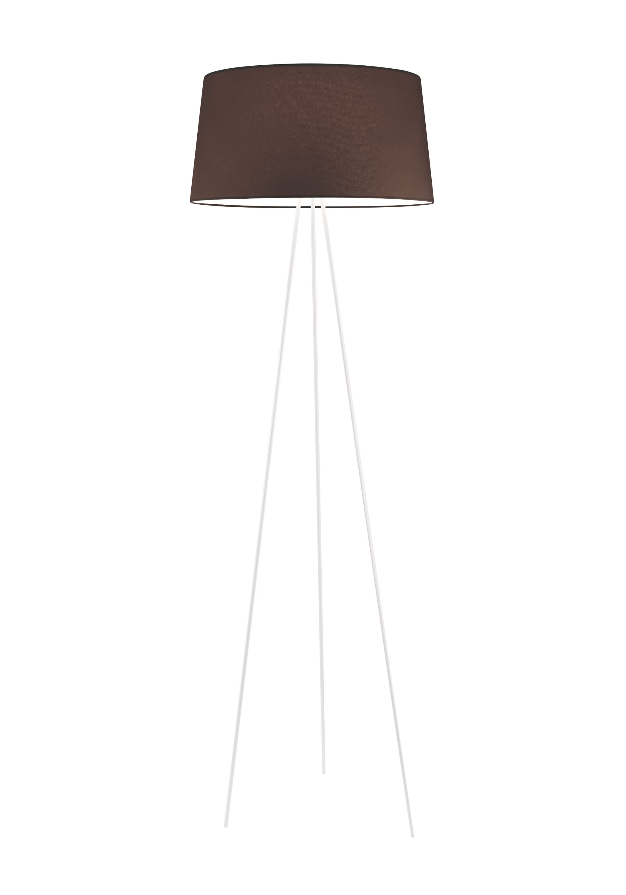Tripod Floor Stehleuchte Moka Kdln mit braunem Lampenschirm und weißem Stativfuß für Wohnzimmer.