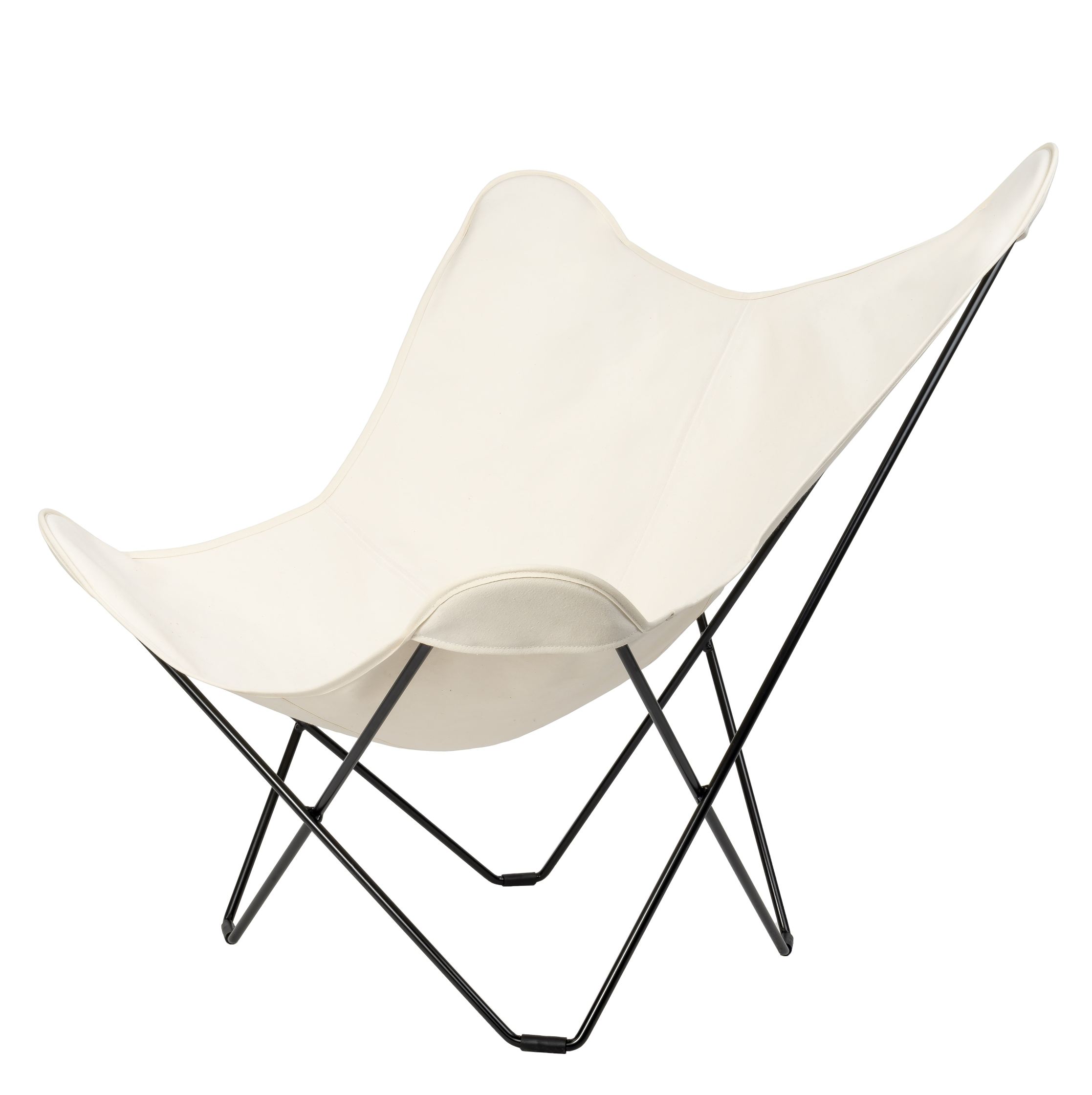 Weißer Mariposa Butterfly Chair Sessel mit schwarzem Metallgestell, ideal für Wohnzimmer und Entspannung.