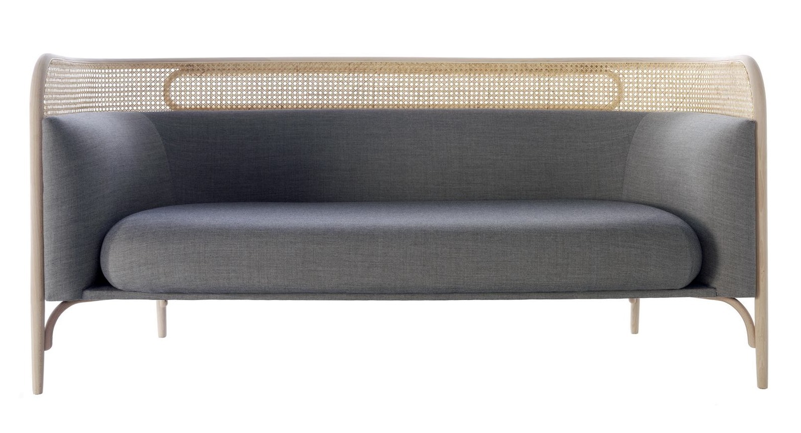 Targa Sofa von Wiener GTV Design mit grauem Stoffbezug und Wiener Geflecht im Holzrahmen.