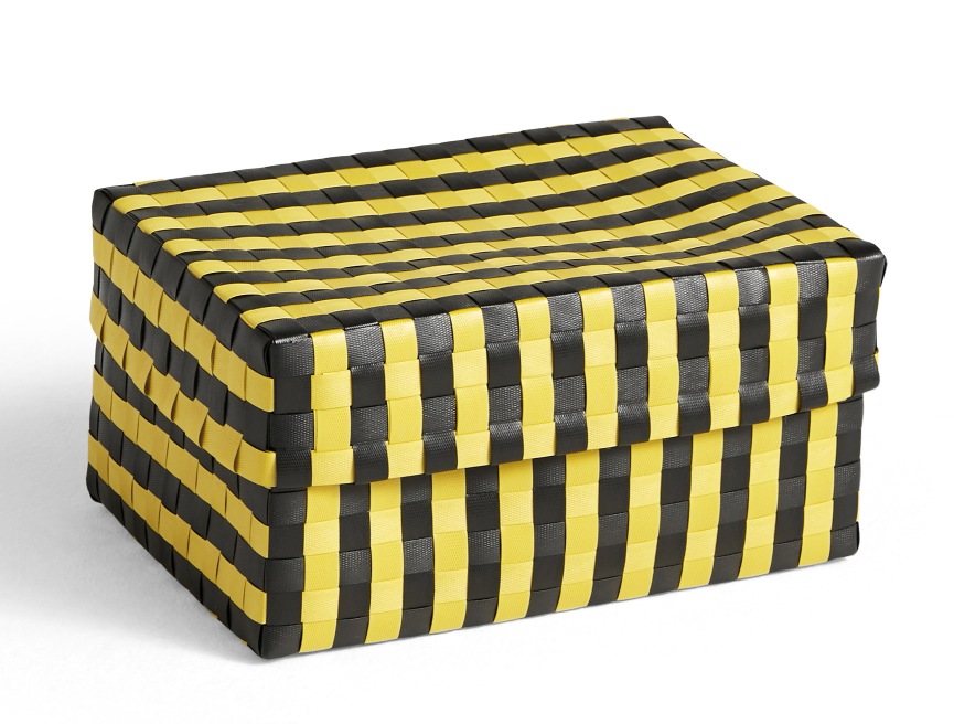 Gelb-schwarze Hay Aufbewahrungsbox "Maxim Stripe Box" mit Deckel, geflochten, zur Aufbewahrung.