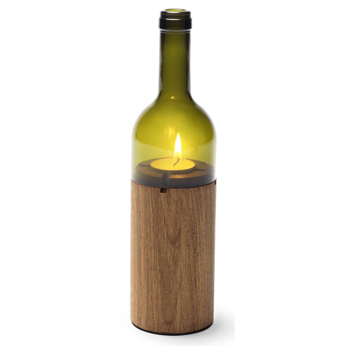 Grünes WeinWindlicht von Side by Side mit Teelicht und Holzfuß. Ersatzglas für Windlichter.