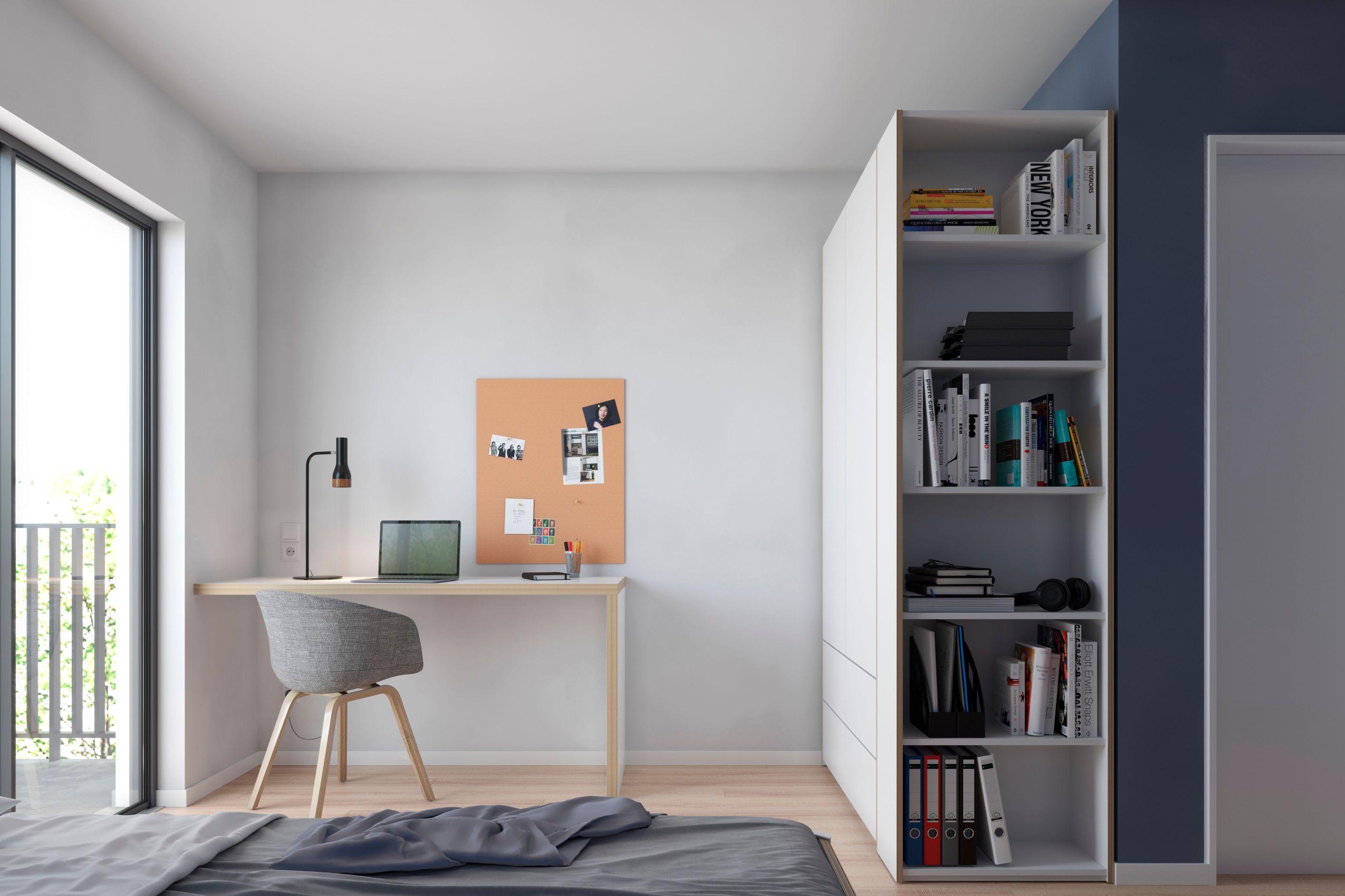 MODULAR PLUS Schrank Kombination von Müller Möbelwerkstätten mit Anbauregal rechts im modernen Schlafzimmer.