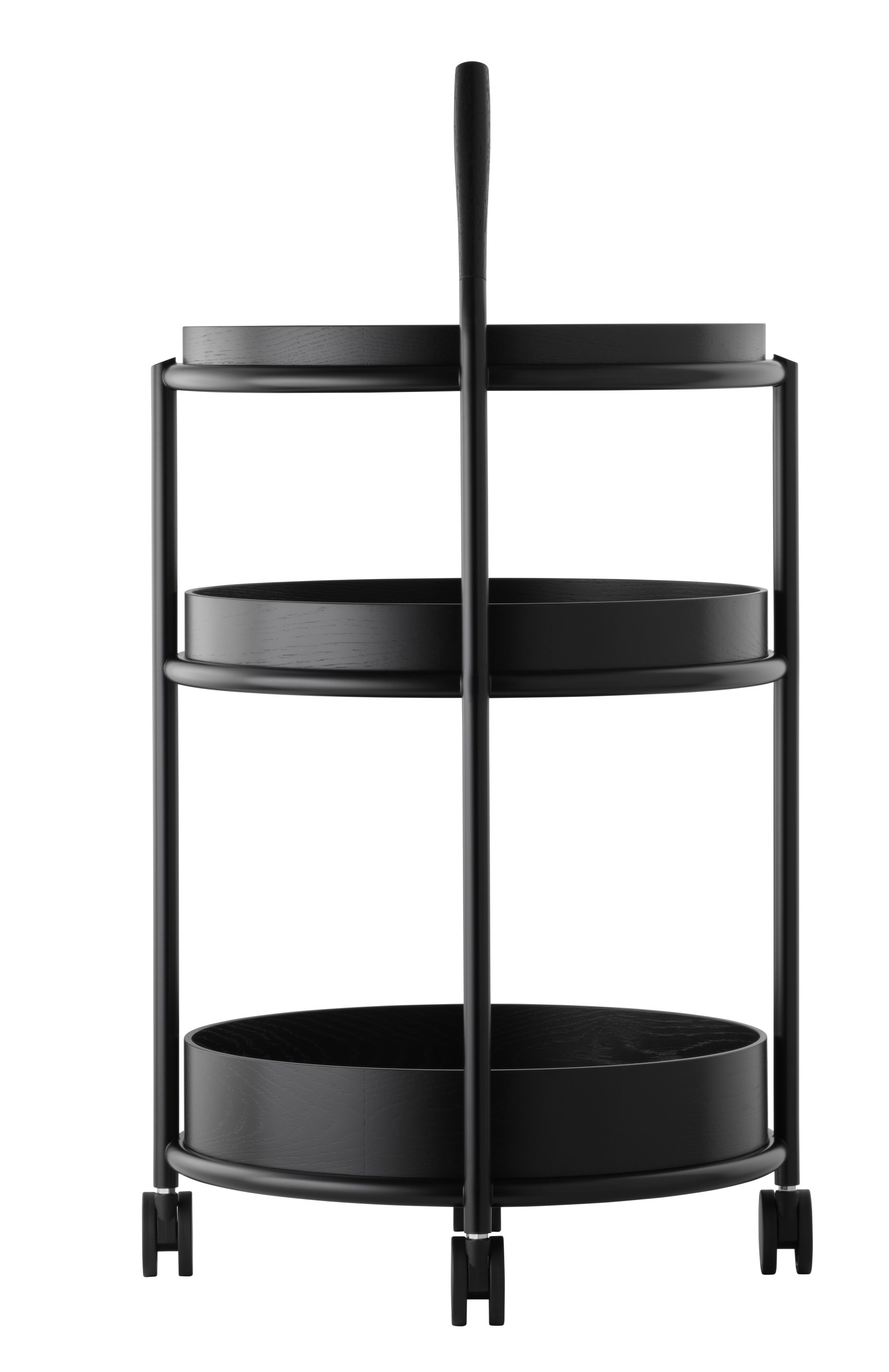 Schwarzer K6 Servierwagen von Tecta mit drei runden Ablagen und Rollen. Moderner Trolley für Wohnen und Büro.