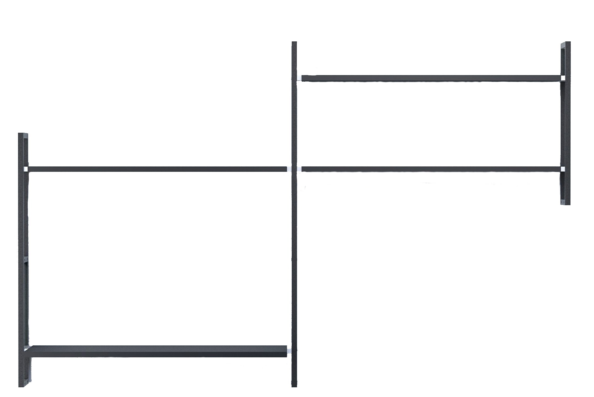 Schwarzes Wandregal Grundmodul E Oncono mit zwei Regalböden und minimalistischem Design für Wohnzimmer oder Büro.