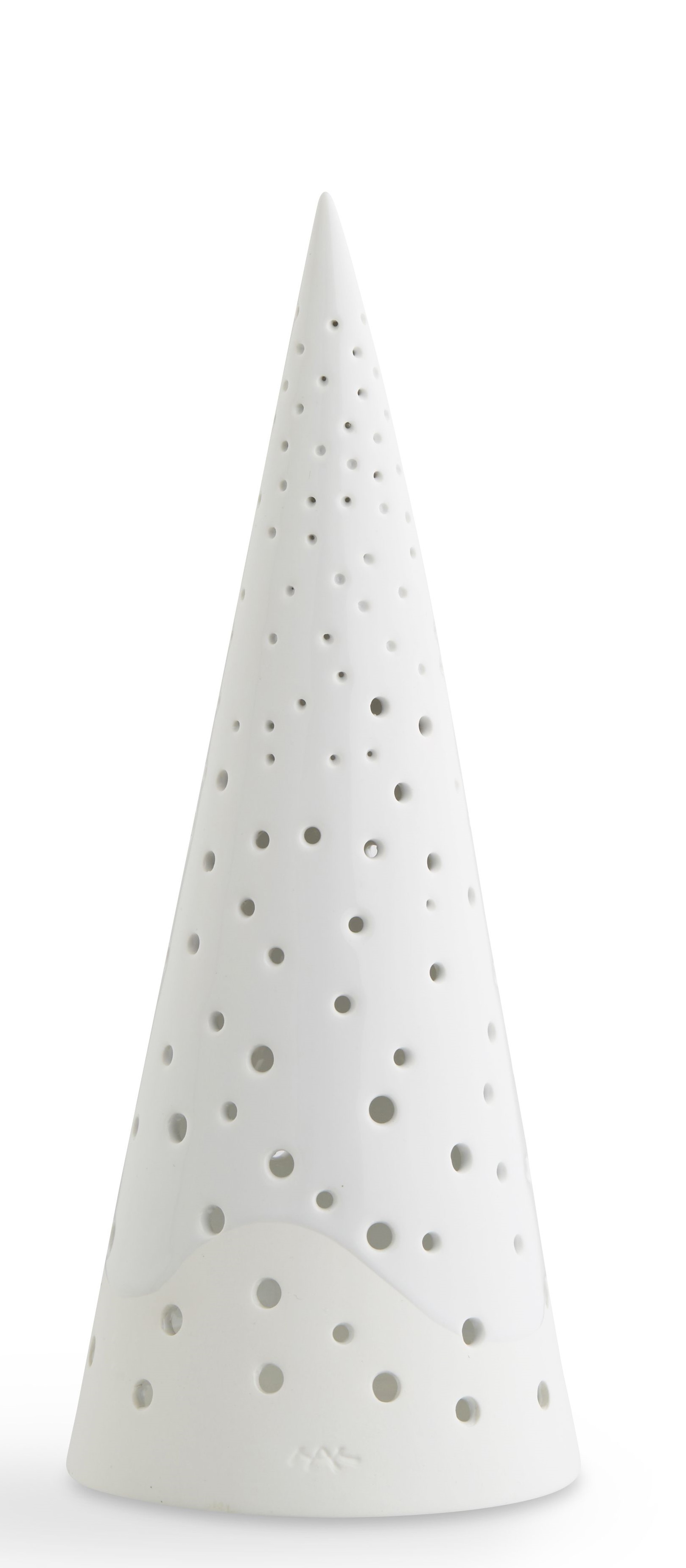 Schneeweißer Nobili Teelichthalter von Kähler in Kegelform mit filigranen, runden Öffnungen für stimmungsvolles Licht.