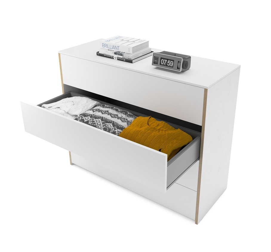Weiße Modular Plus Kommode mit 4 Schubladen von Müller Möbelwerkstätten, eine Schublade geöffnet.