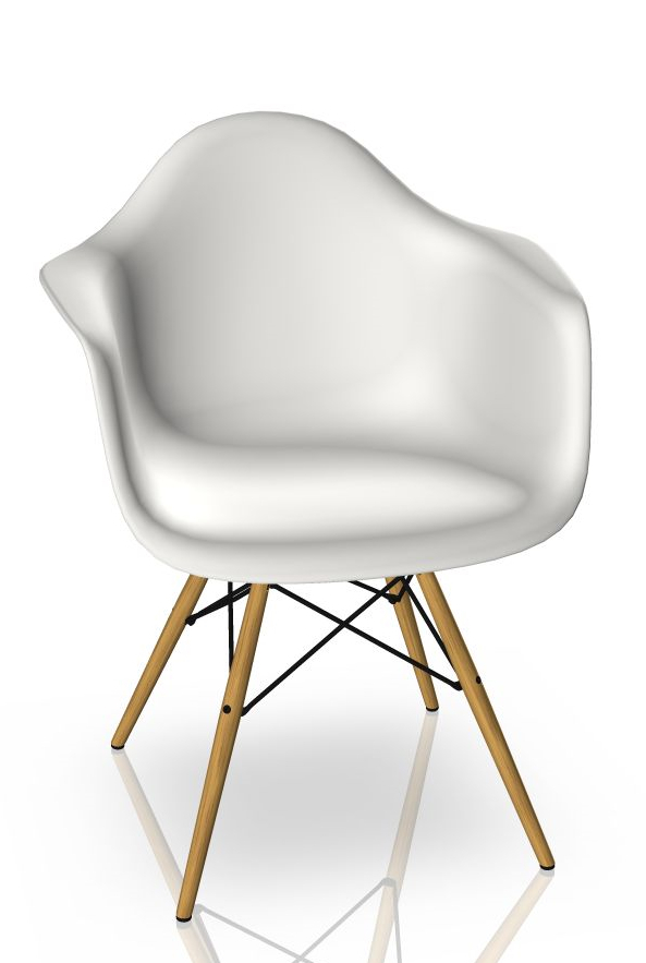 Weißer Eames Plastic Arm Chair DAW mit Ahorn-Holzbeinen, Designklassiker für Wohnen und Büro.