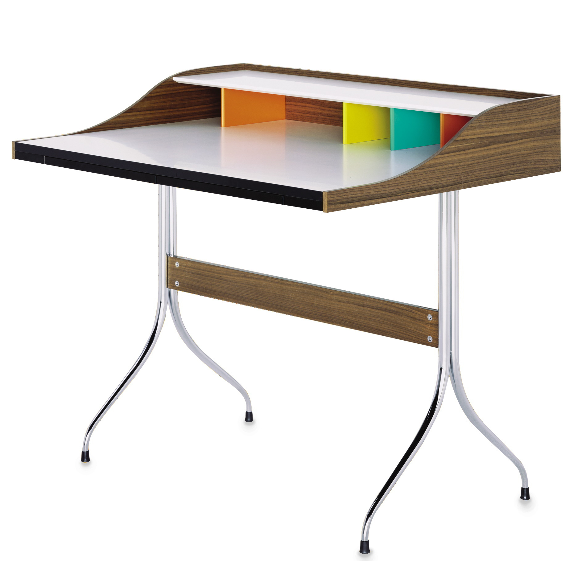 Vitra Home Desk mit Holzrahmen, weißer Tischplatte und farbigen Fächern, ideal als Schreibtisch.