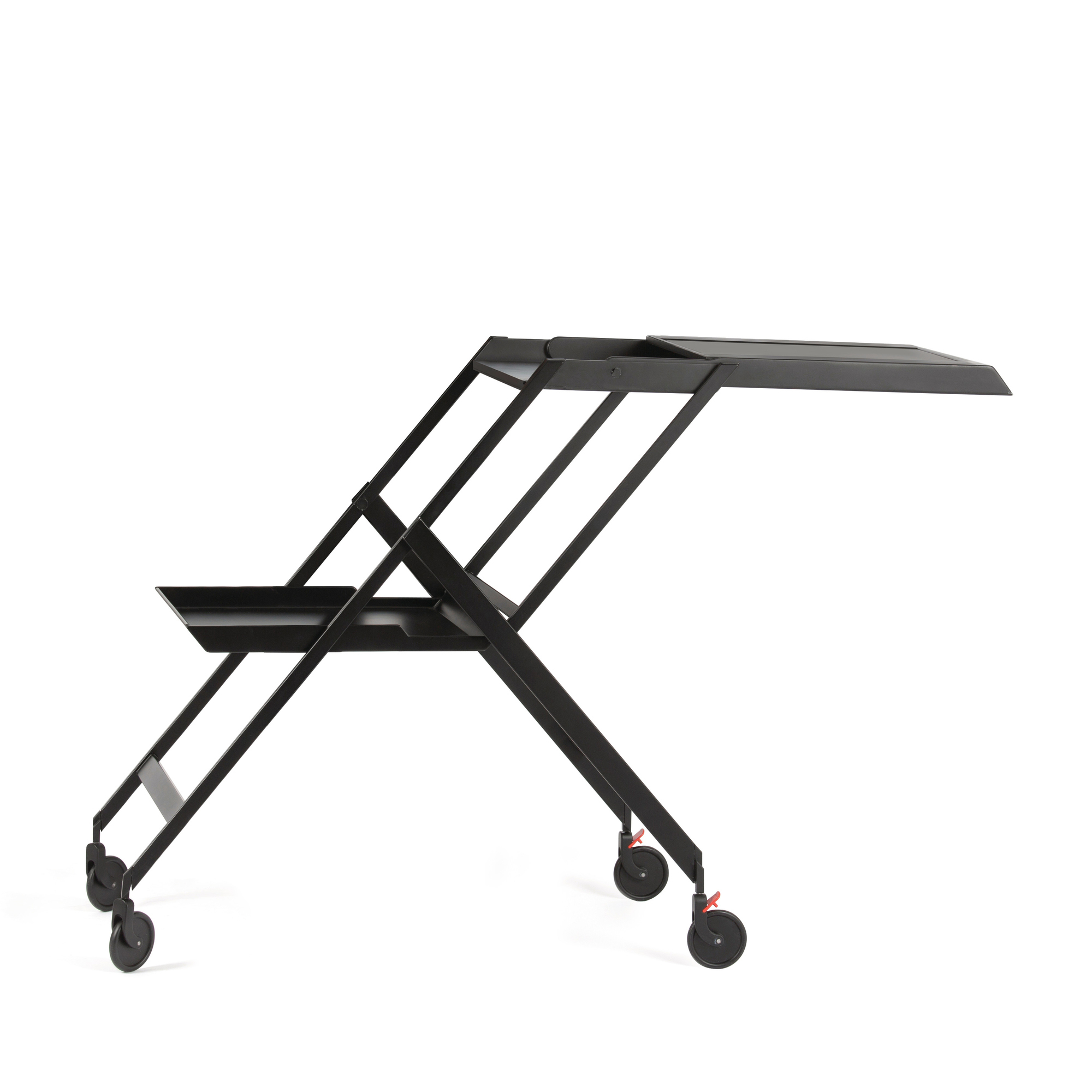 Schwarzer RS11 Servierwagen von Alessi mit zwei Ablageflächen und Rollen auf weißem Hintergrund.