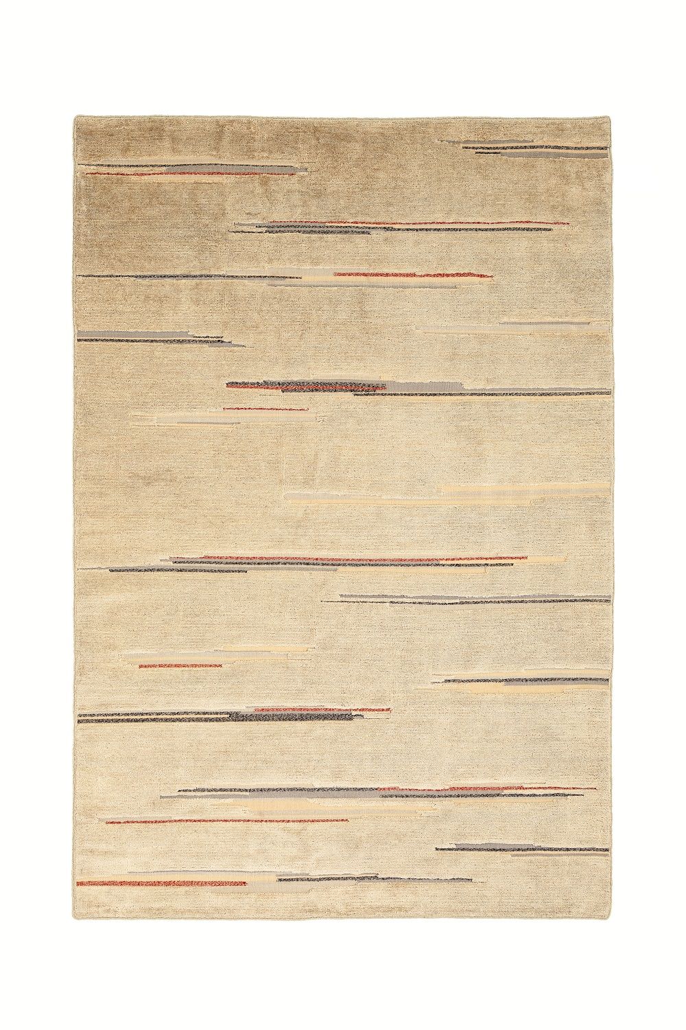 Colorado Teppich von Nanimarquina: Beige Wolle mit horizontalen Streifen in Grau, Rot und Gelb.