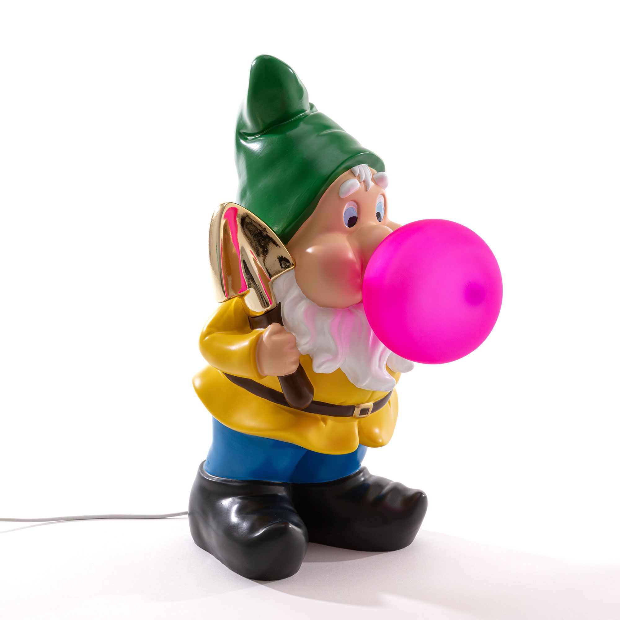 Seletti Gummy Working Leuchte: Gartenzwerg mit Schaufel und pinker Kaugummi-Blase, dekorative Lampe.
