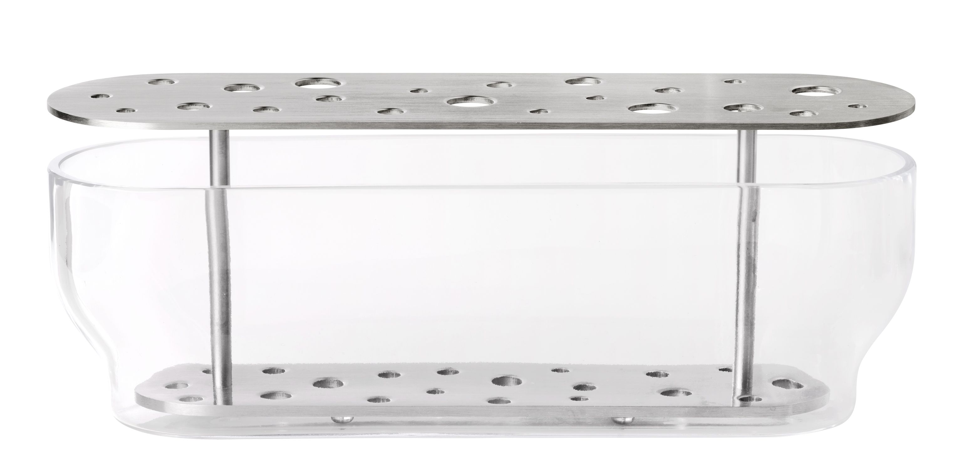 Ikebana Vase von Fritz Hansen, lange, transparente Glasvase mit Edelstahl-Einsatz für Blumenarrangements.