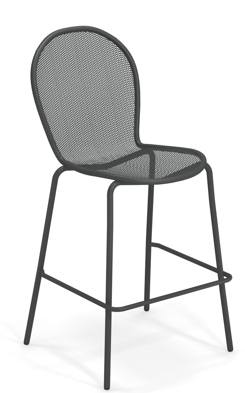 Schwarzer Ronda Barstuhl von Emu mit Rückenlehne und Fußstütze aus Metallgeflecht, freigestellt.