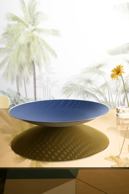 Alessi Cohncave Schale, blau und elfenbeinfarben, dekorative Designschale für Obst oder Dekoration.