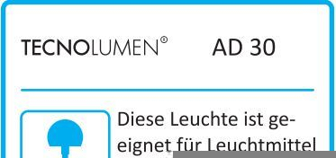 Tecnolumen AD 30: Label mit Hinweis zur Eignung für Leuchtmittel für diese Stehleuchte.