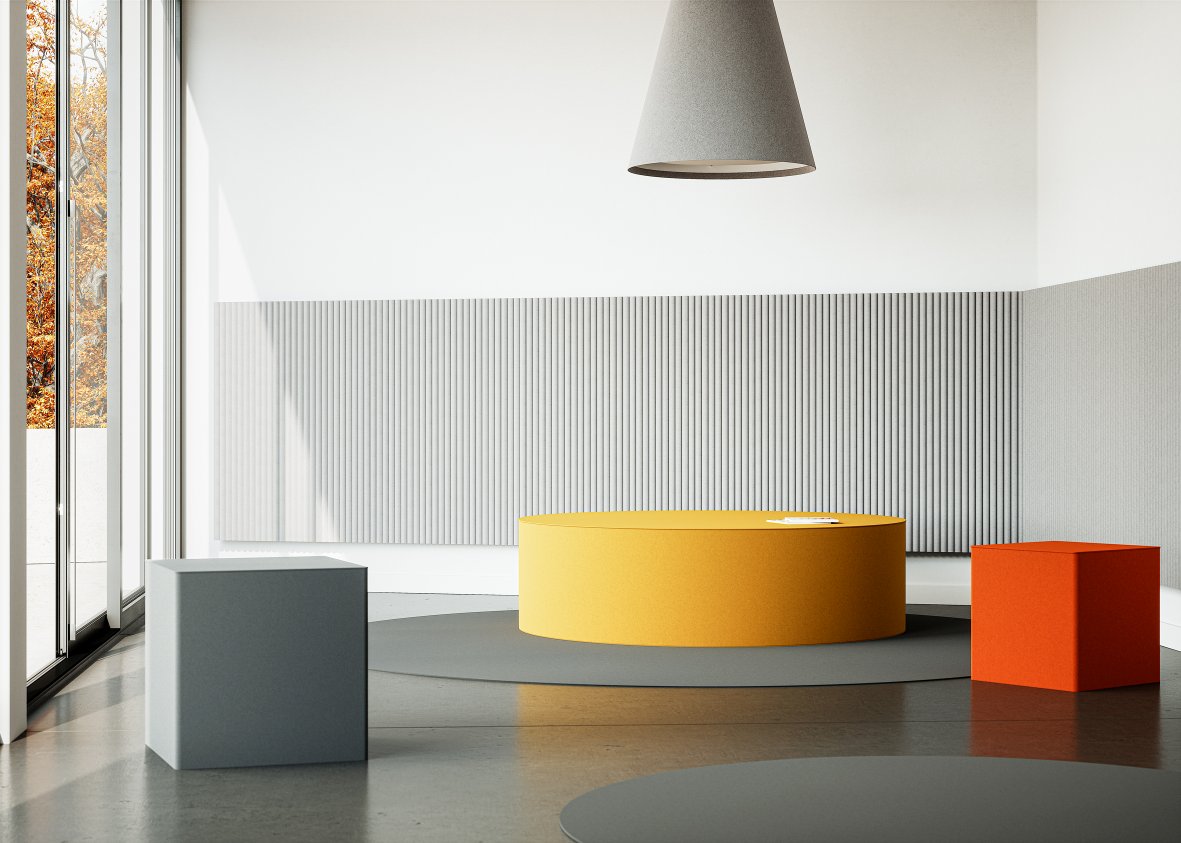 Gelbes Big Rondo Sitzmöbel von Hey Sign, runde Filz Sitzgelegenheit im modernen Raum.