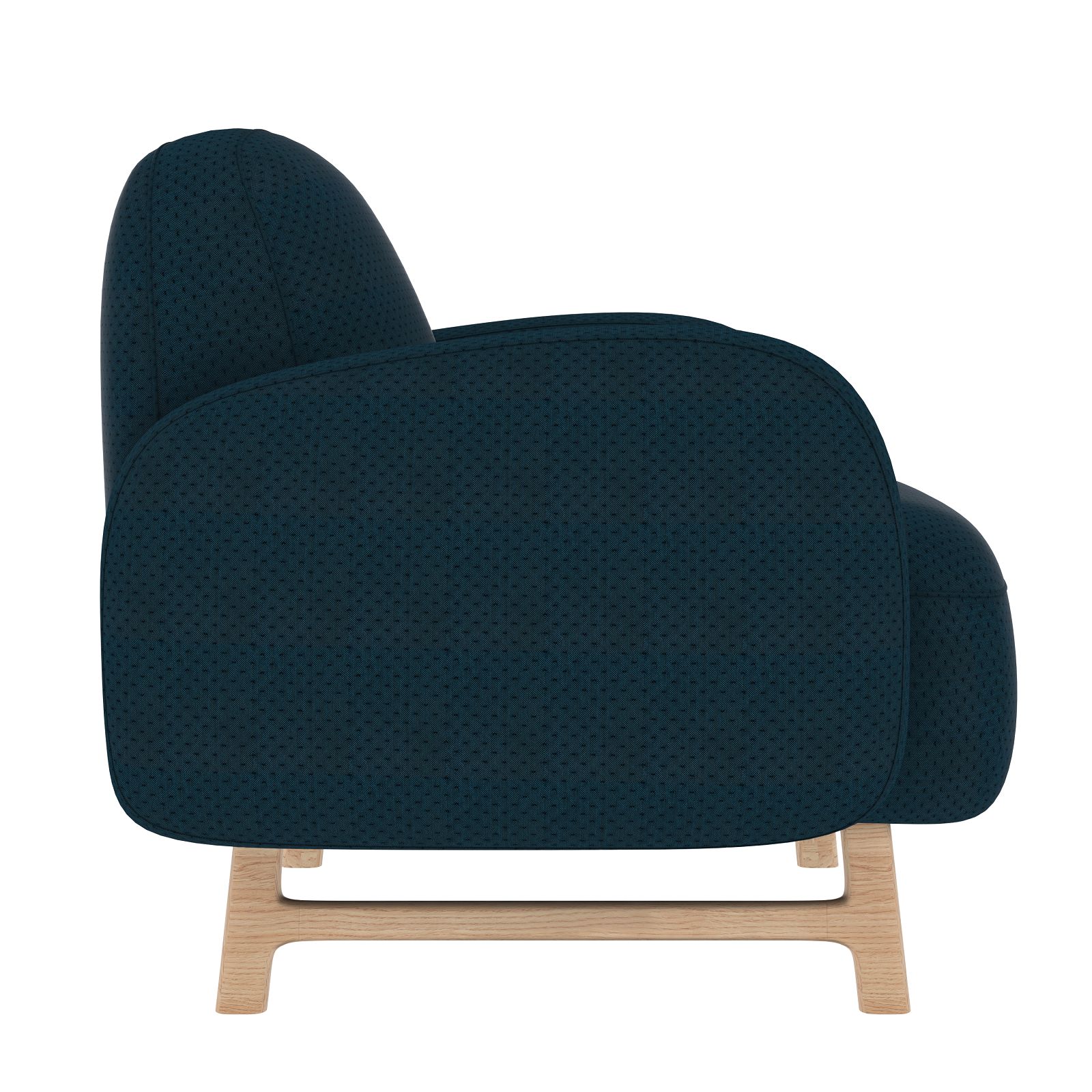 Auguste Sessel von Hartô, Seitenansicht: Blauer Polstersessel mit Holzgestell, moderner Design Sessel.