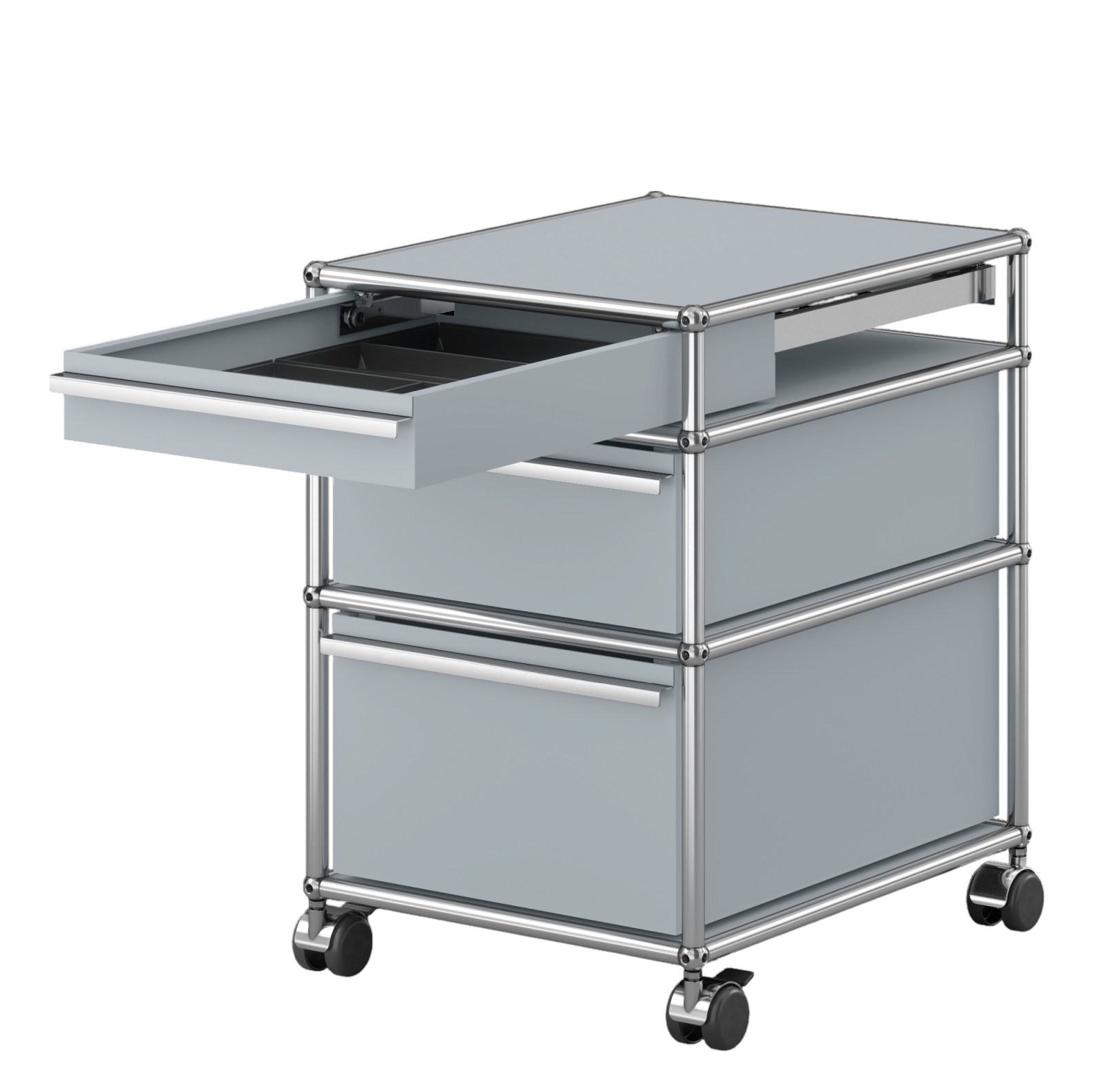 USM Haller Rollcontainer Mattsilber mit drei Schubladen, eine Schublade ist geöffnet, Büromöbel auf Rollen.