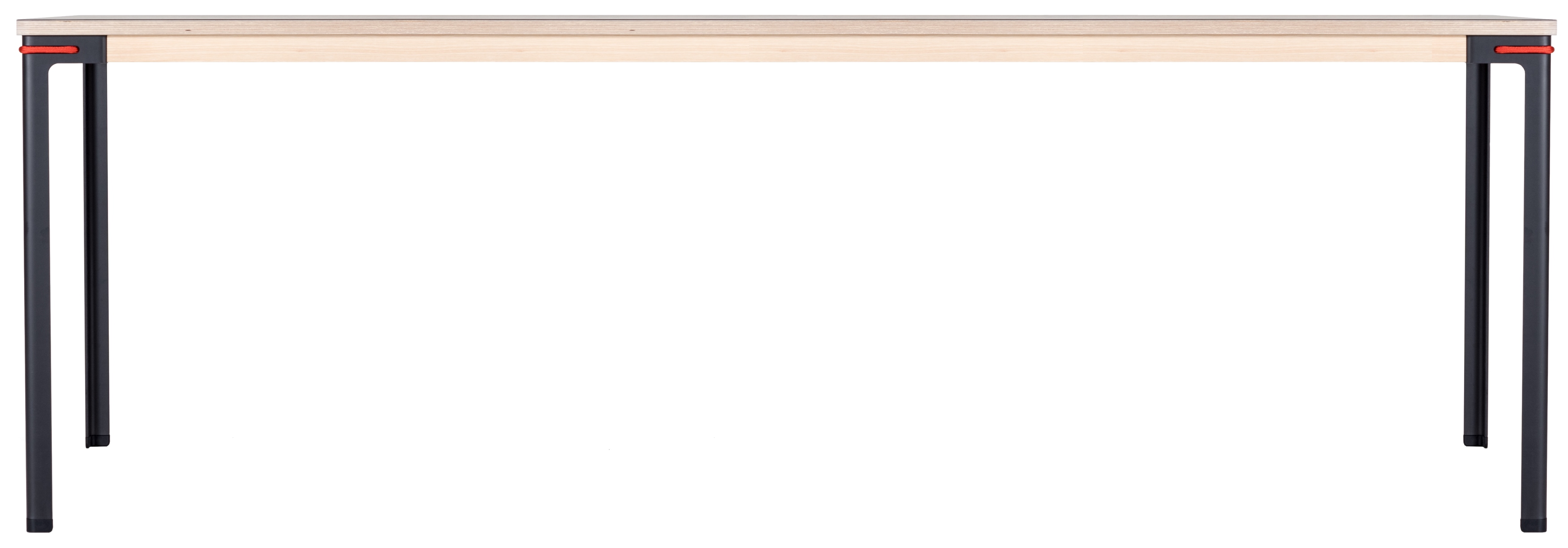 Seiltänzer Tisch von Moormann mit hellem Holz und schwarzen Beinen, verbunden durch rote Seile.