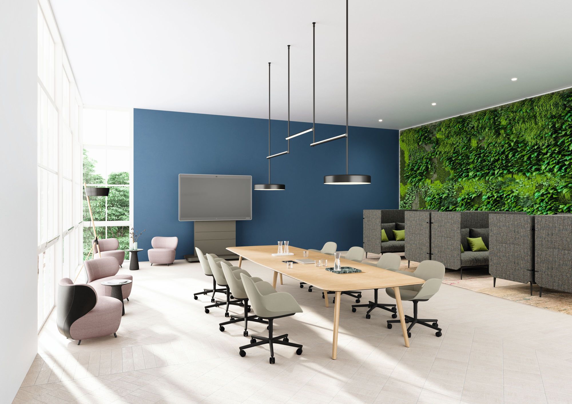 Moderner Konferenzraum mit Sheru Stühlen von Walter Knoll um einen Holztisch mit Rollen.