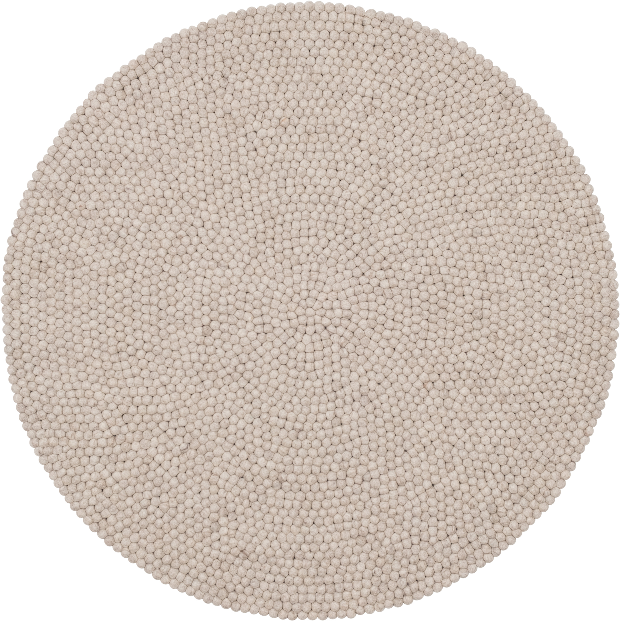 Runder, beiger Filzkugel Teppich von myfelt, Durchmesser 160 cm, aus reiner Schurwolle.