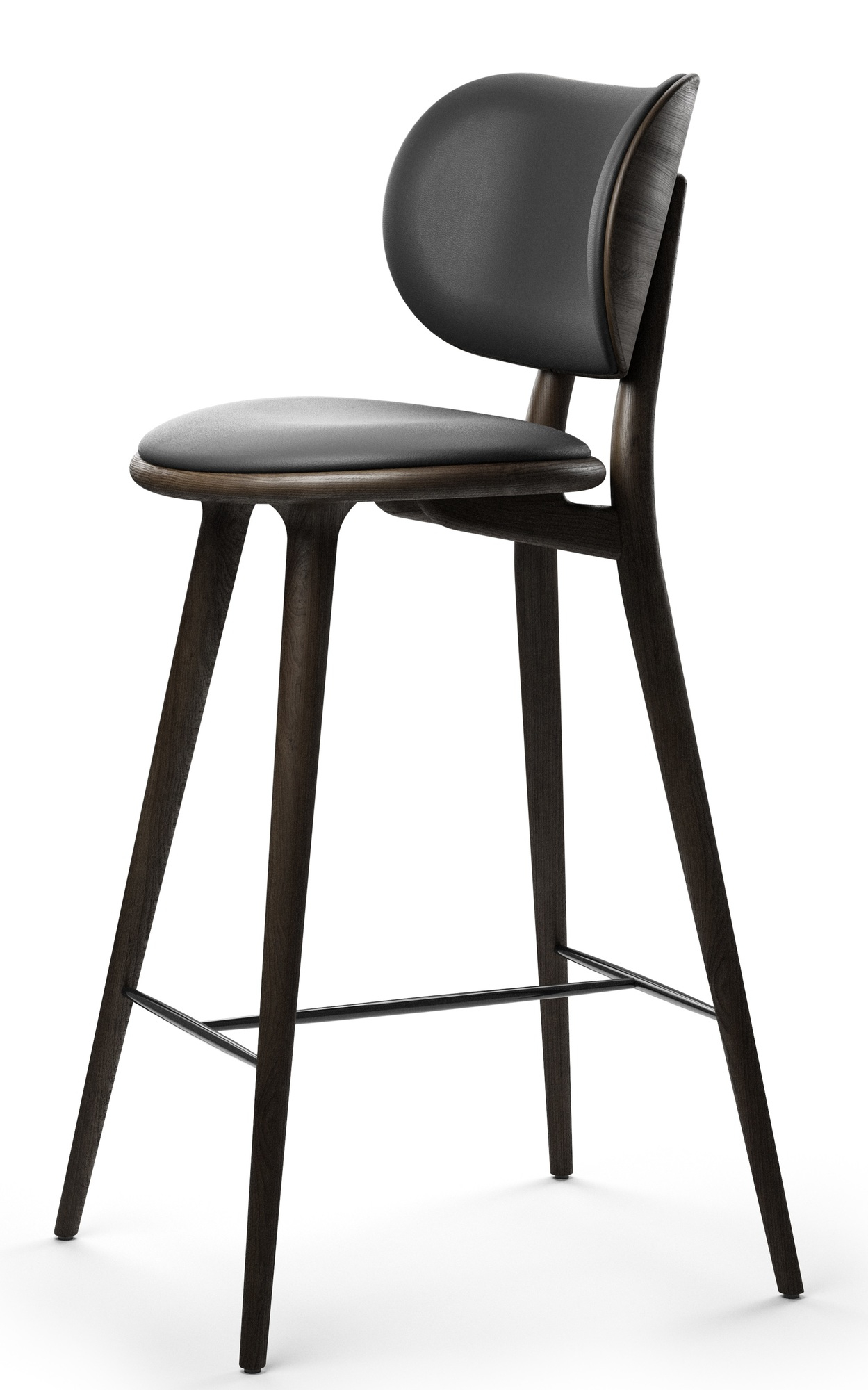 High Stool Backrest Barhocker Mater aus dunklem Holz mit schwarzem Lederbezug.