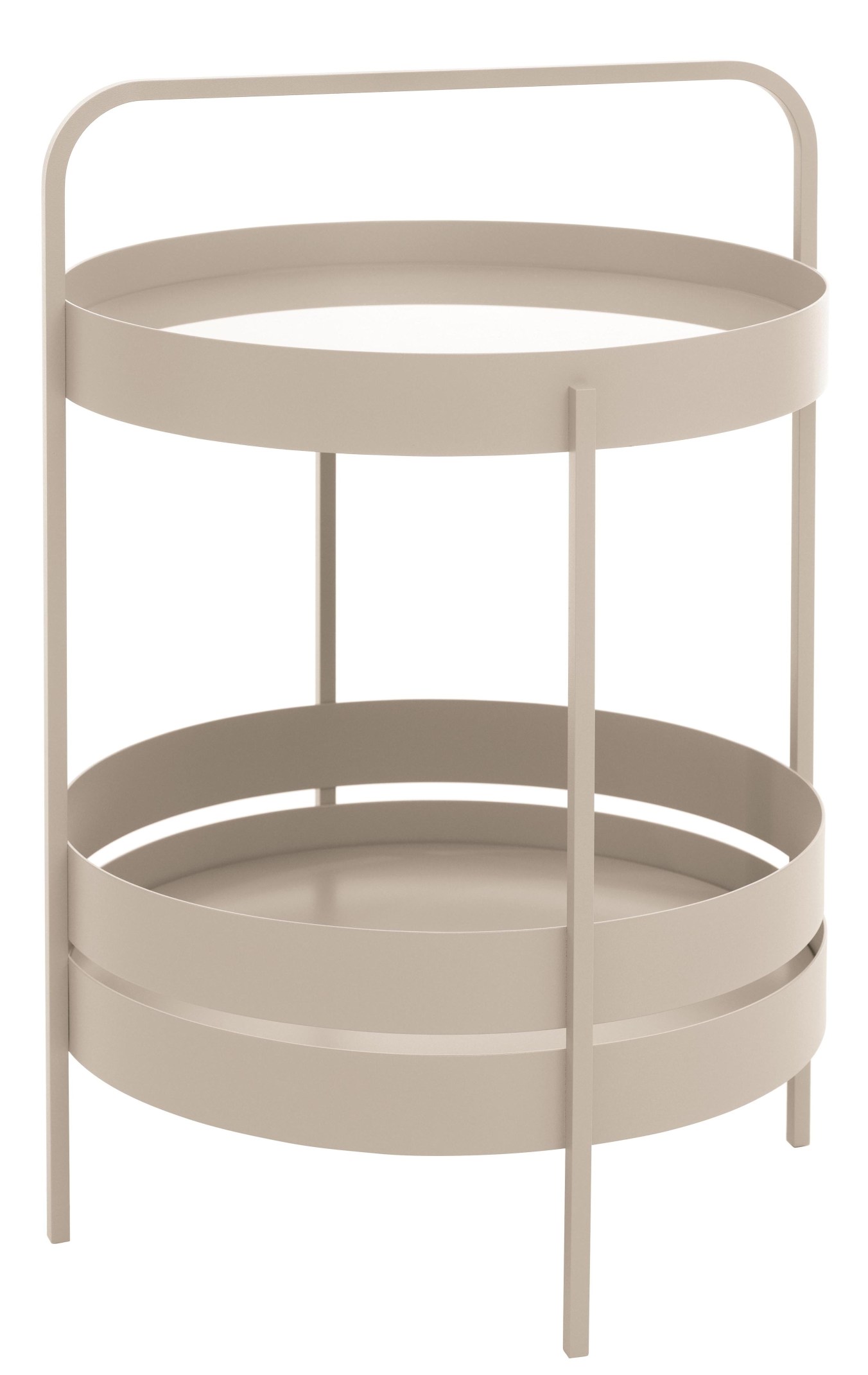 Albert Beistelltisch von Schönbuch, moderner runder Tisch mit zwei Ablageflächen und Griff, beige.