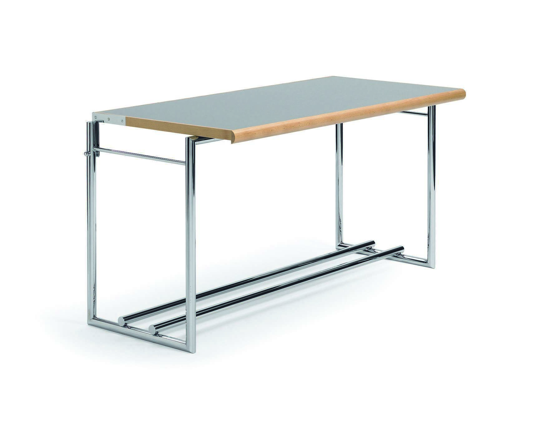 Menton Tisch von ClassiCon mit grauem Tischblatt und verchromtem Stahlgestell, modernes Design.