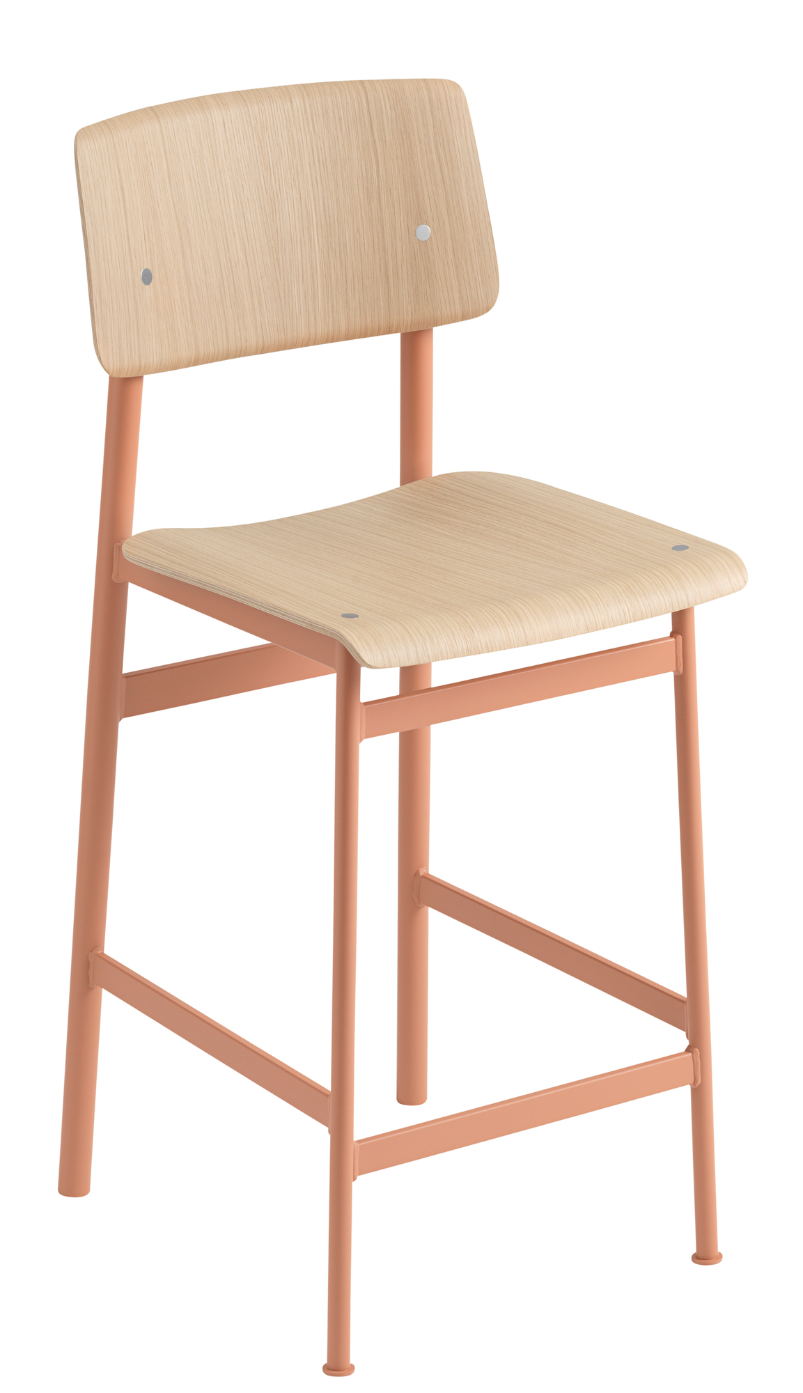 Loft Counter Stool Barhocker von Muuto, H 65 cm, Holz und farbiges Metallgestell.